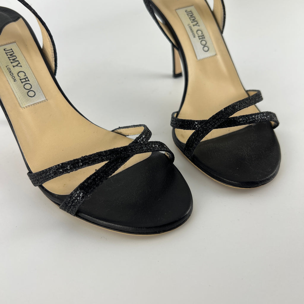 Jimmy Choo | Black Sparkly Leather Strappy Slingback Sandal Heels (39)