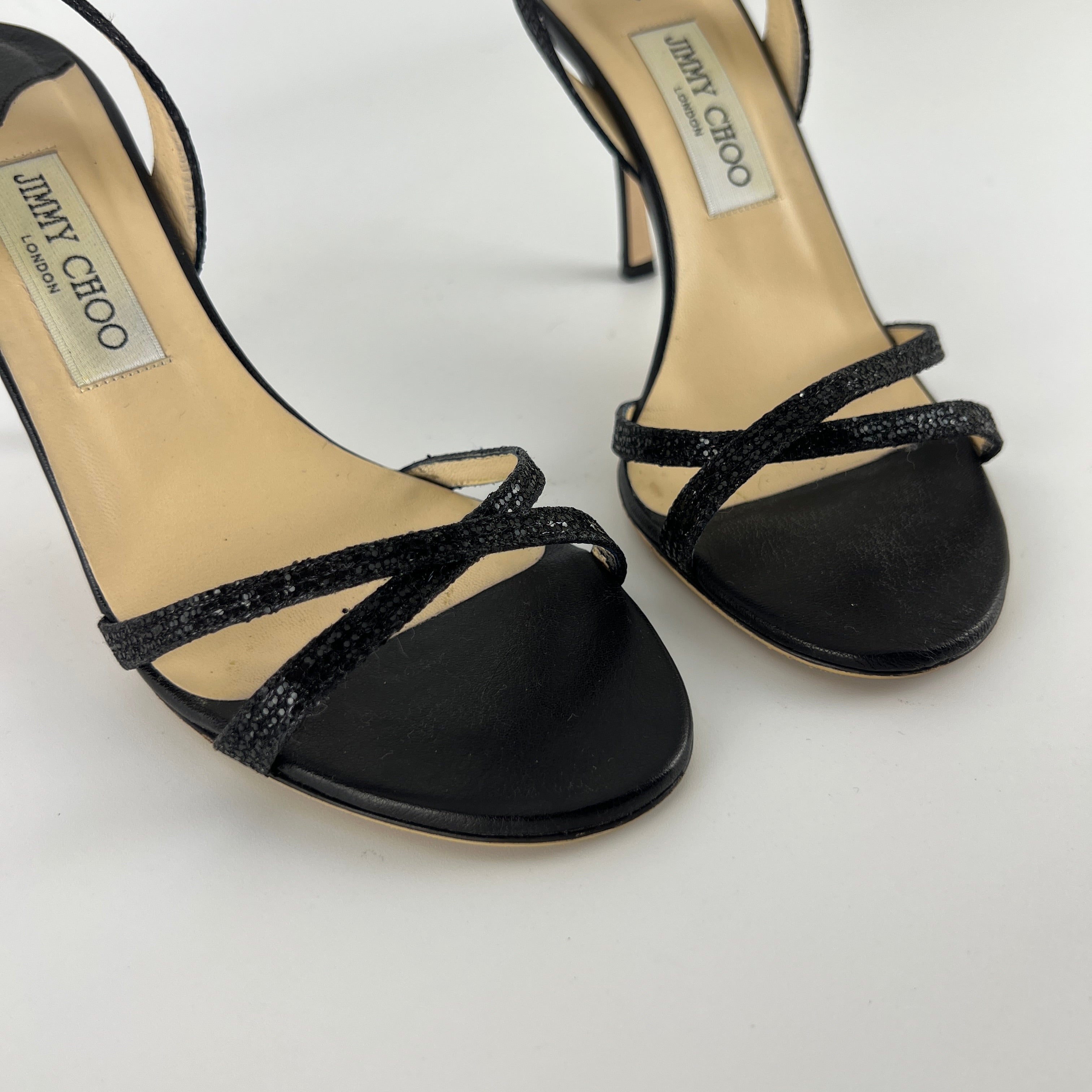 Jimmy Choo | Black Sparkly Leather Strappy Slingback Sandal Heels (39)