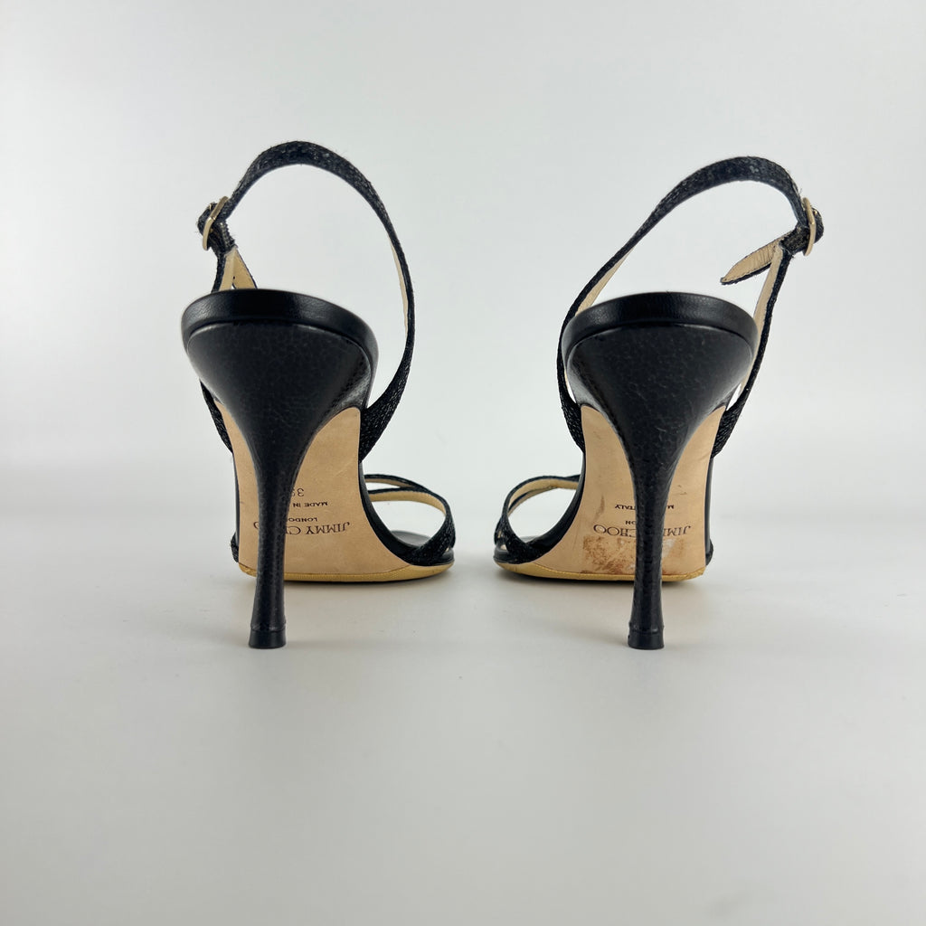 Jimmy Choo | Black Sparkly Leather Strappy Slingback Sandal Heels (39)