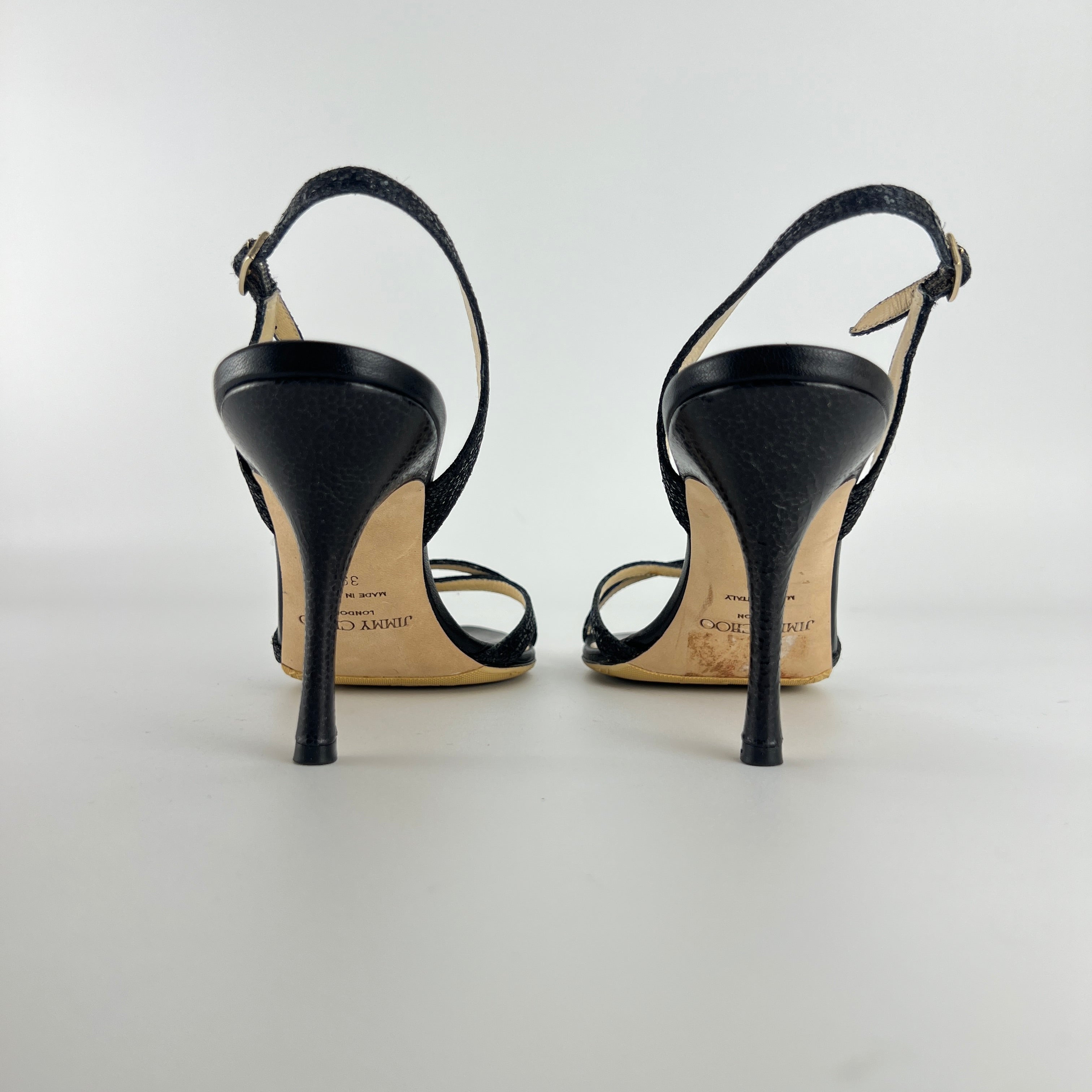 Jimmy Choo | Black Sparkly Leather Strappy Slingback Sandal Heels (39)