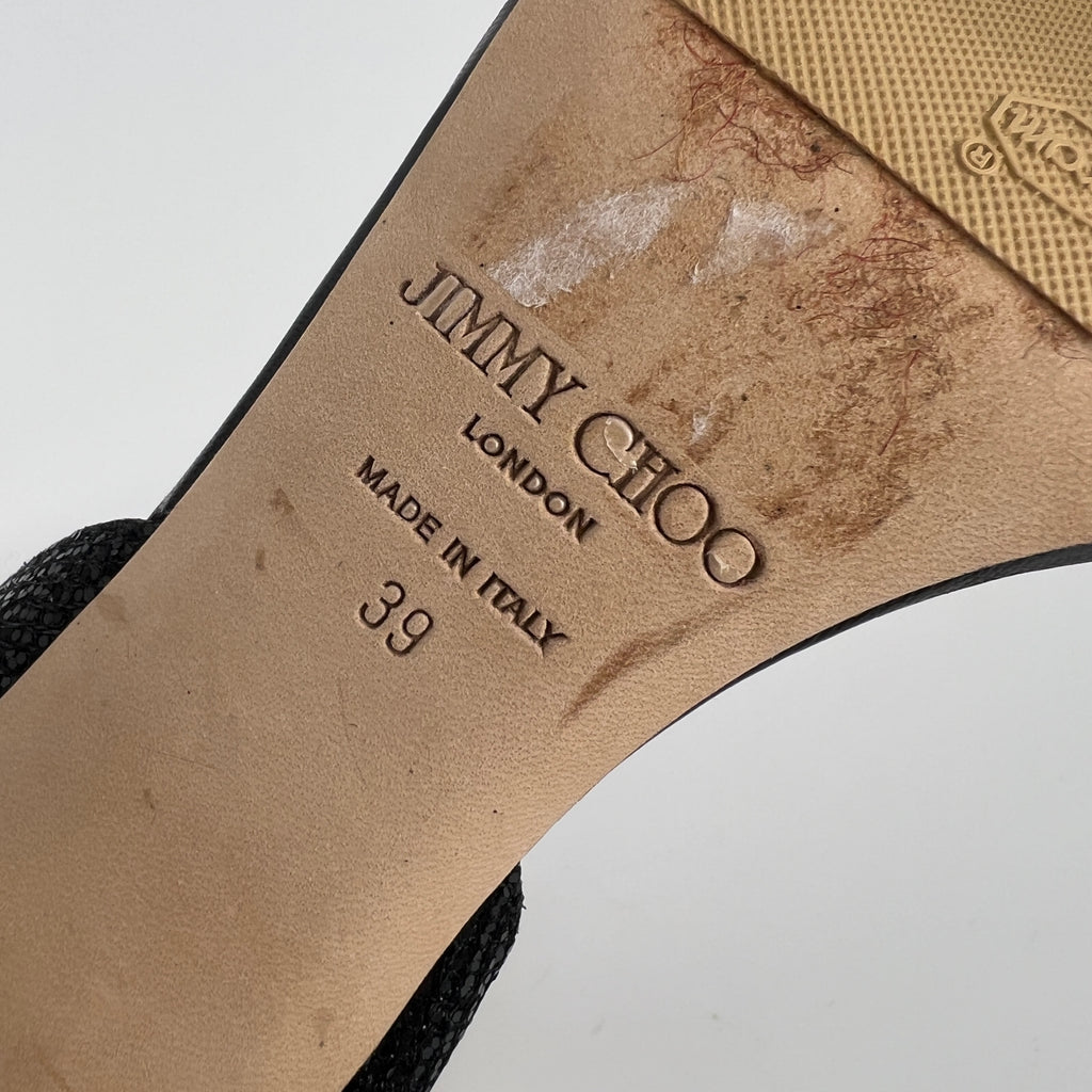 Jimmy Choo | Black Sparkly Leather Strappy Slingback Sandal Heels (39)