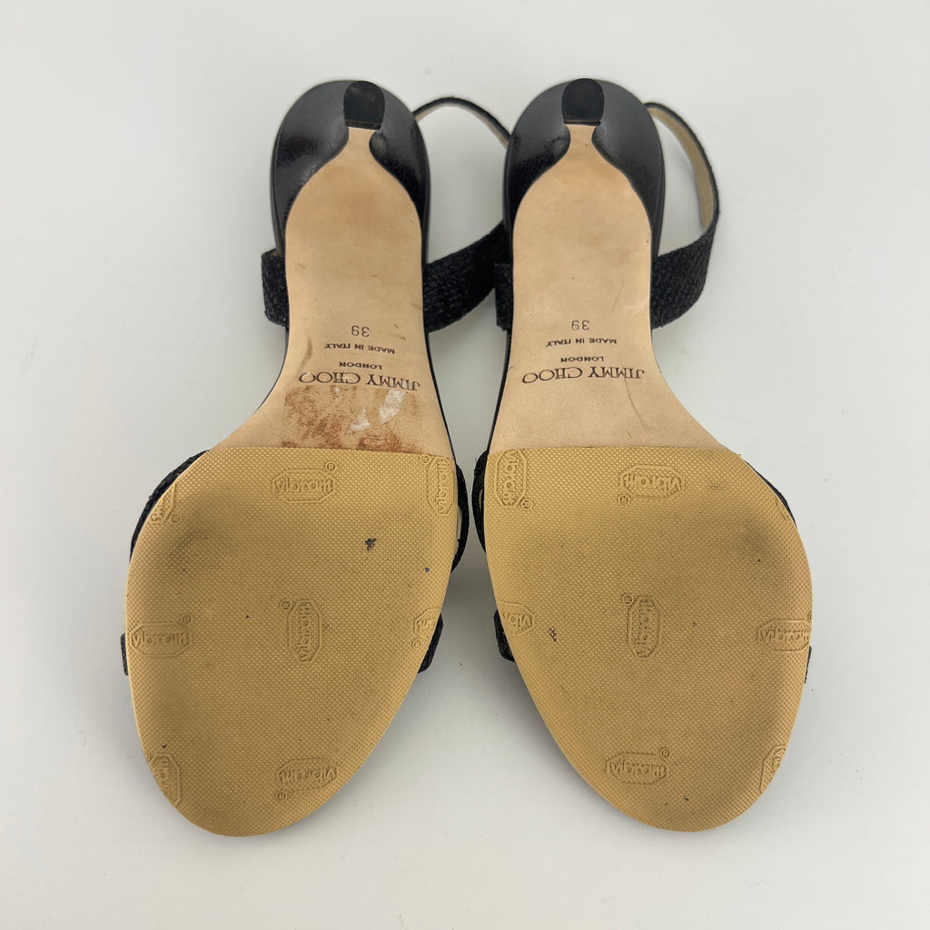 Jimmy Choo | Black Sparkly Leather Strappy Slingback Sandal Heels (39)