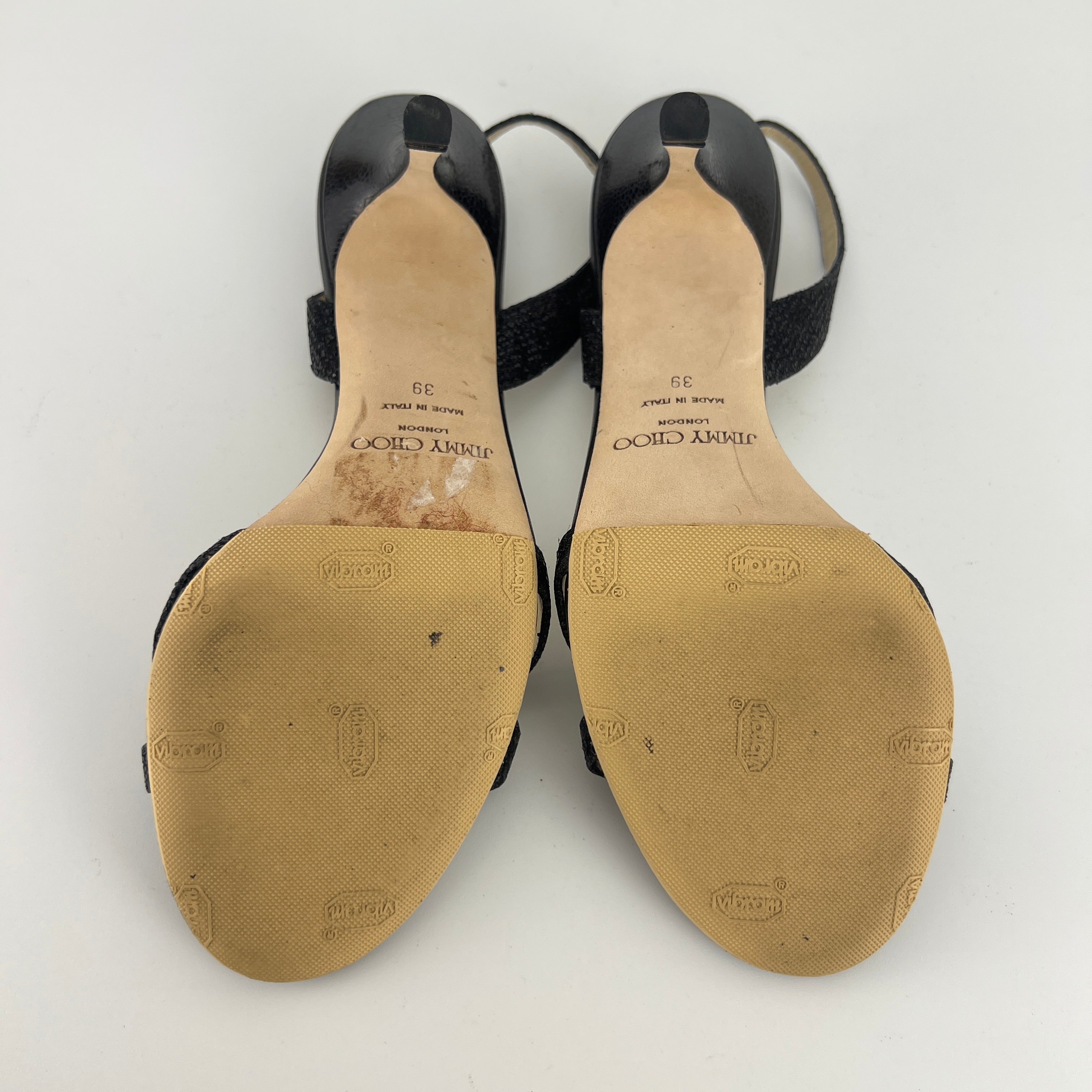 Jimmy Choo | Black Sparkly Leather Strappy Slingback Sandal Heels (39)