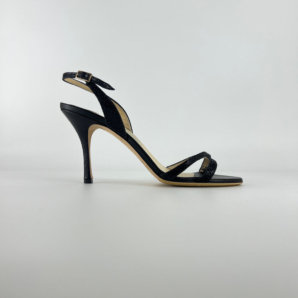 Jimmy Choo | Black Sparkly Leather Strappy Slingback Sandal Heels (39)