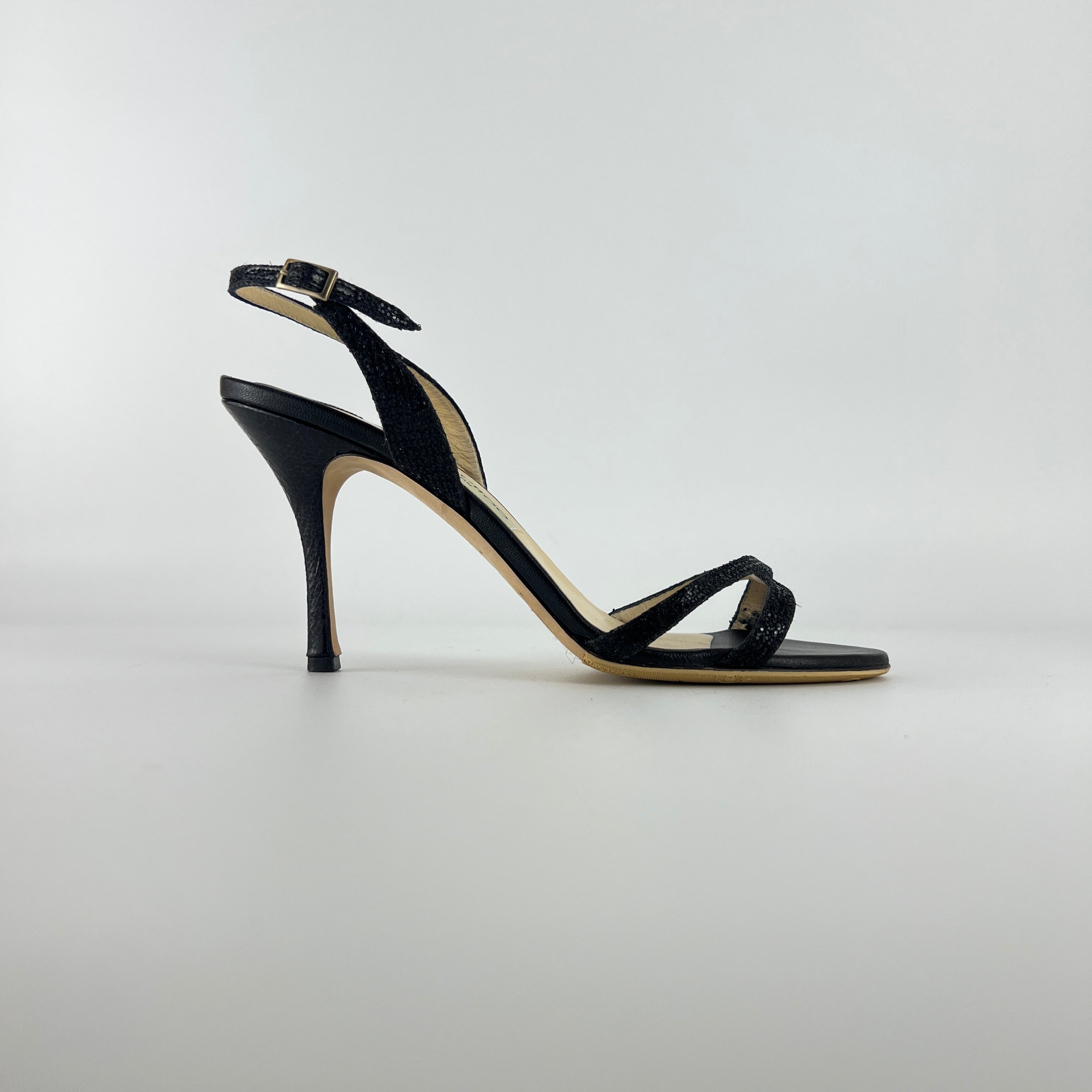 Jimmy Choo | Black Sparkly Leather Strappy Slingback Sandal Heels (39)