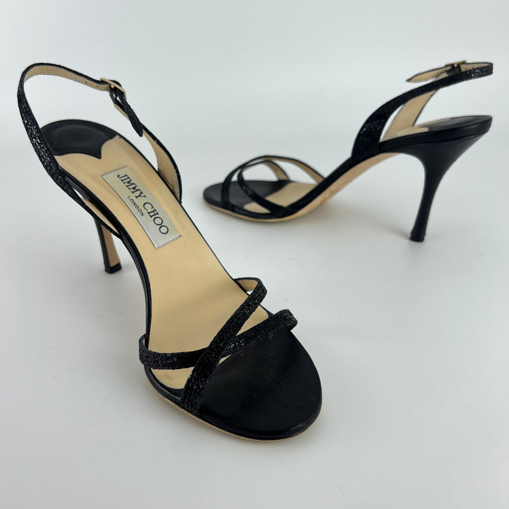 Jimmy Choo | Black Sparkly Leather Strappy Slingback Sandal Heels (39)
