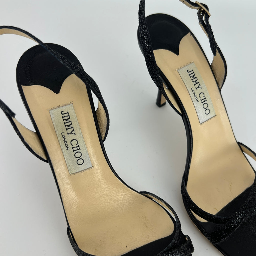 Jimmy Choo | Black Sparkly Leather Strappy Slingback Sandal Heels (39)
