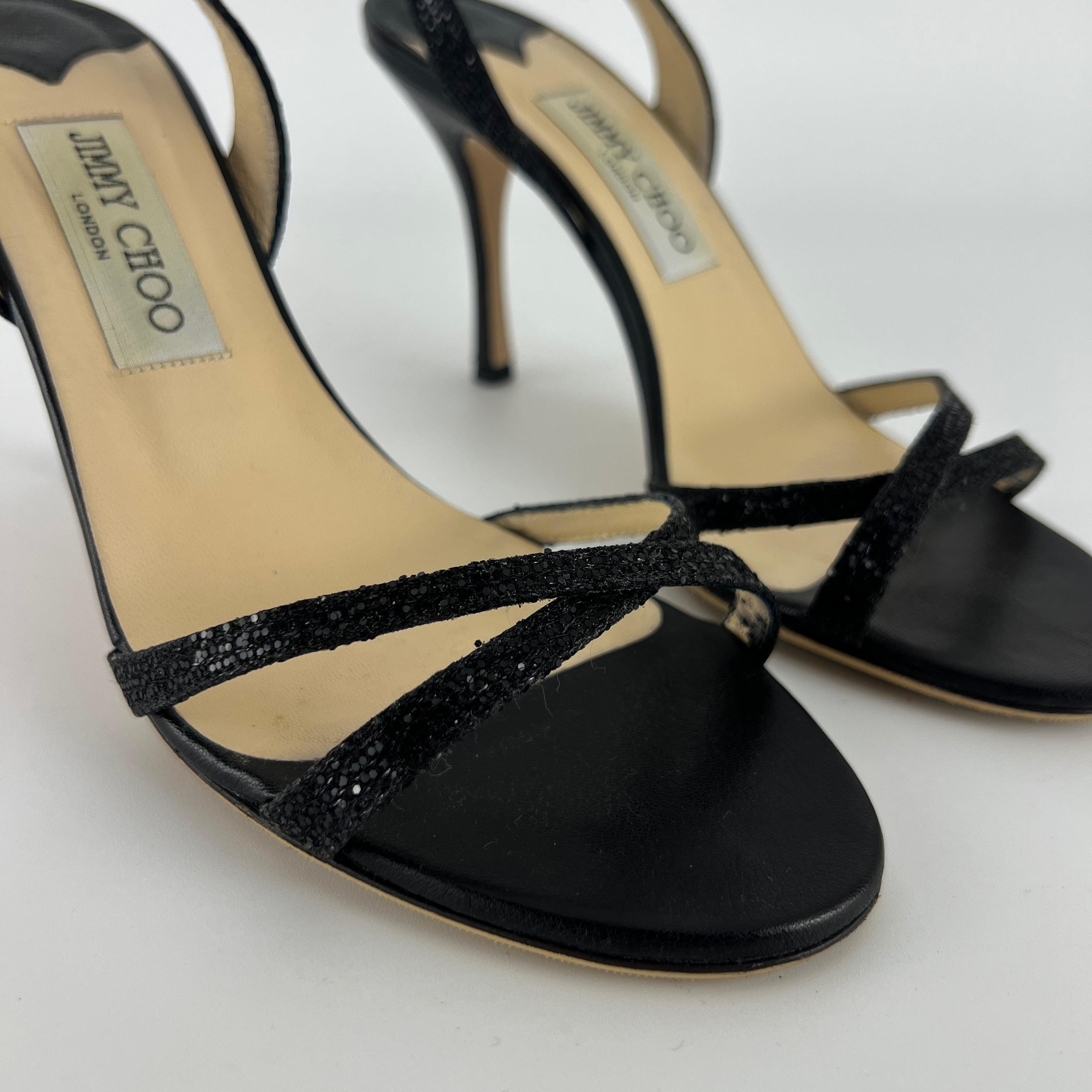 Jimmy Choo | Black Sparkly Leather Strappy Slingback Sandal Heels (39)
