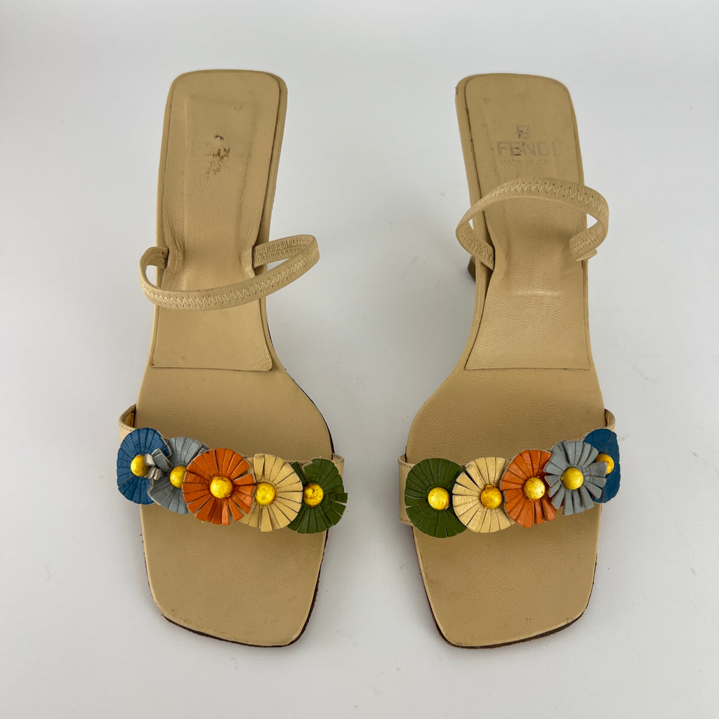 Fendi | Vintage Flower Applique Nude Leather Strappy Slide Mules (38)