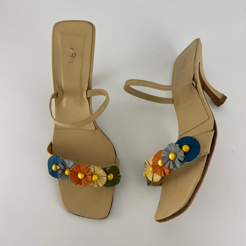 Fendi | Vintage Flower Applique Nude Leather Strappy Slide Mules (38)