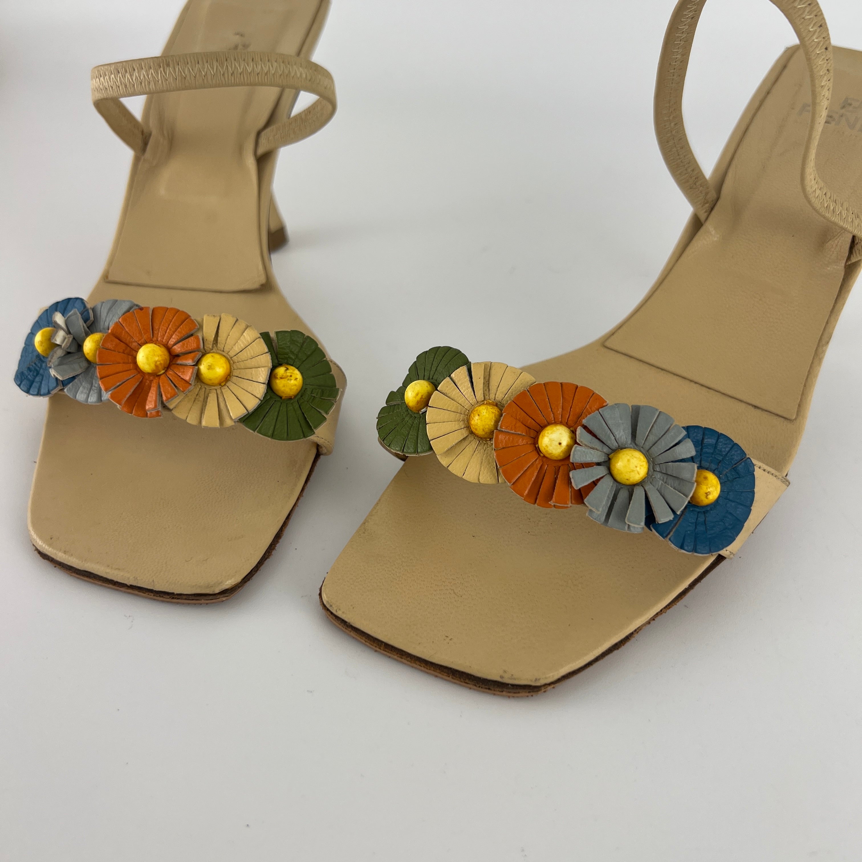 Fendi | Vintage Flower Applique Nude Leather Strappy Slide Mules (38)