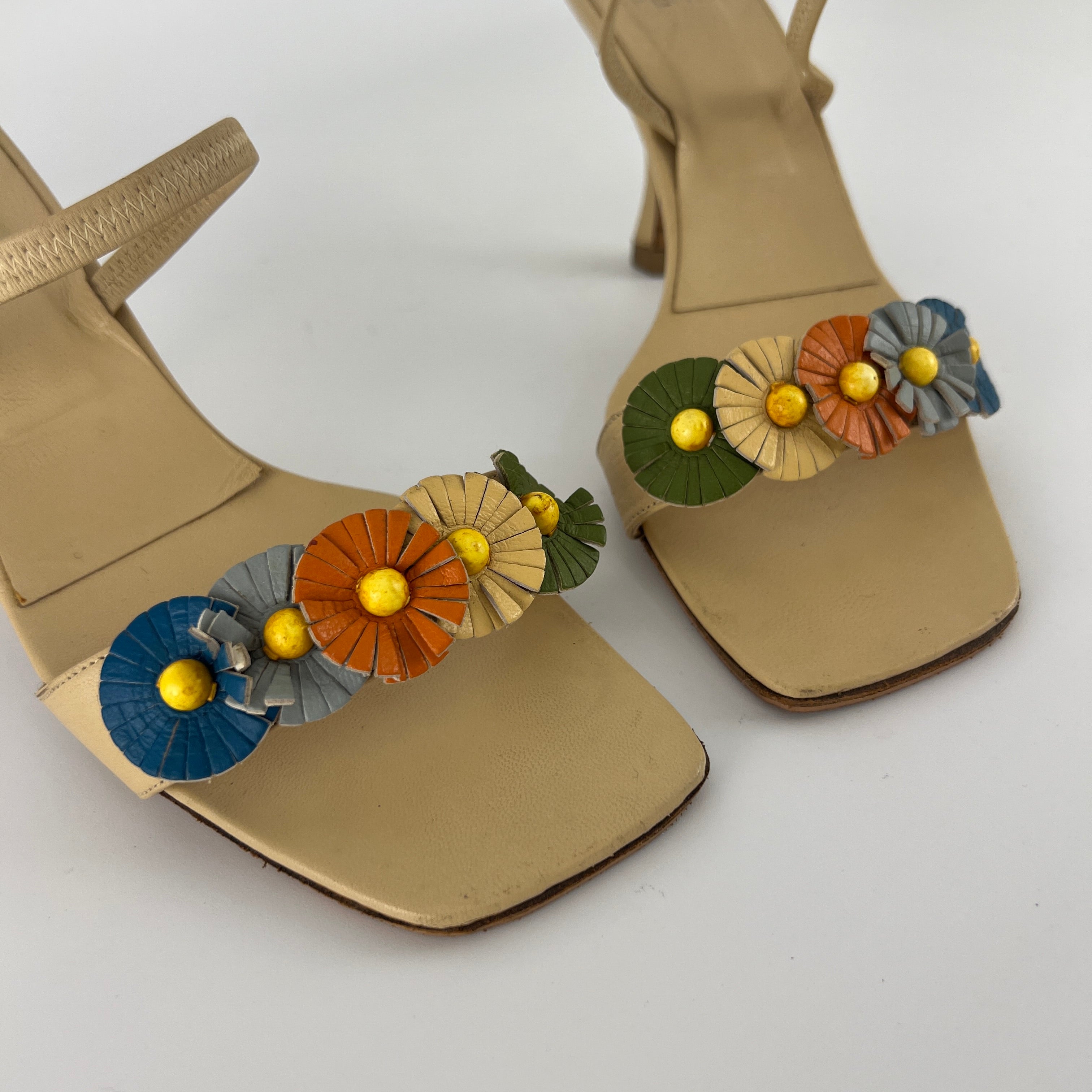 Fendi | Vintage Flower Applique Nude Leather Strappy Slide Mules (38)