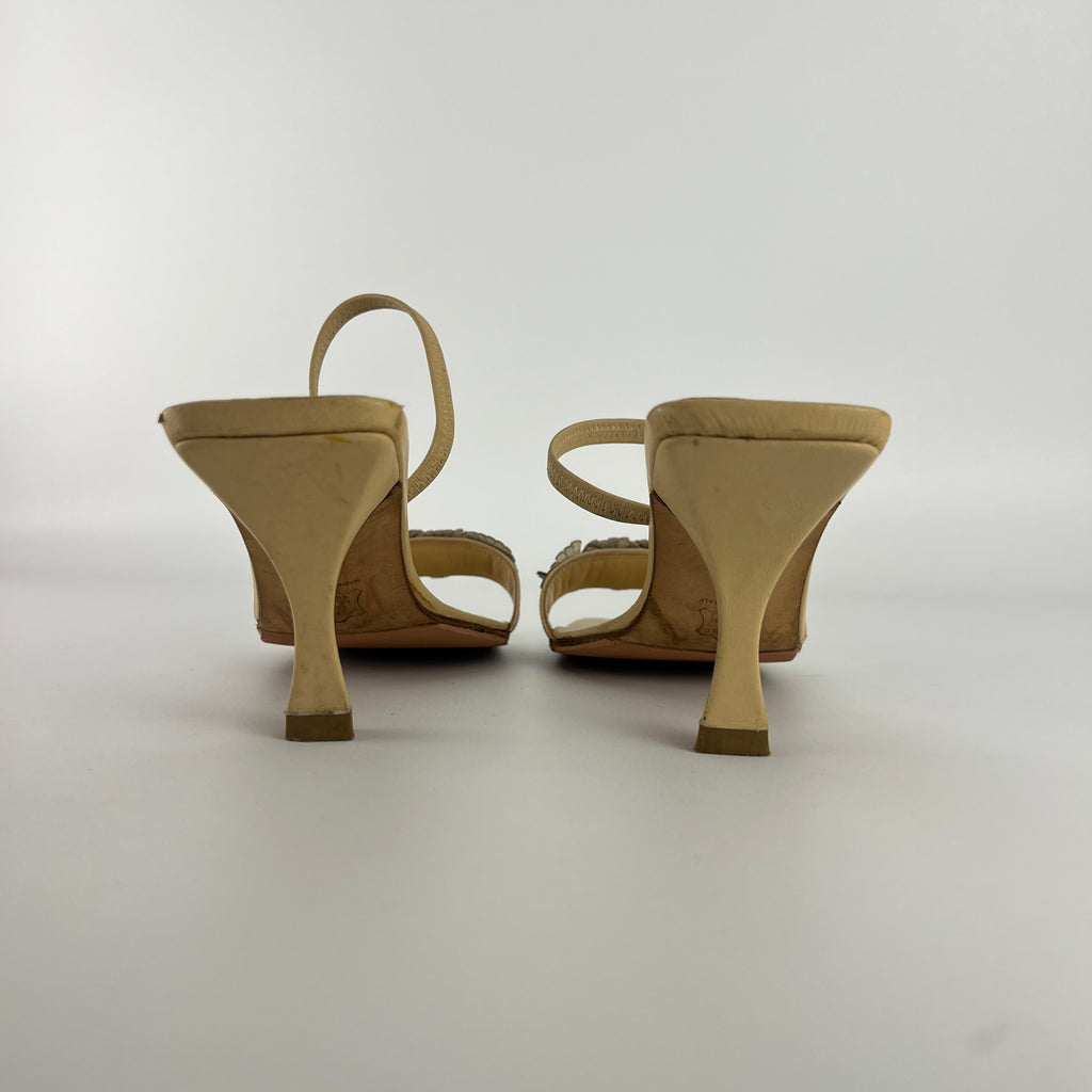 Fendi | Vintage Flower Applique Nude Leather Strappy Slide Mules (38)