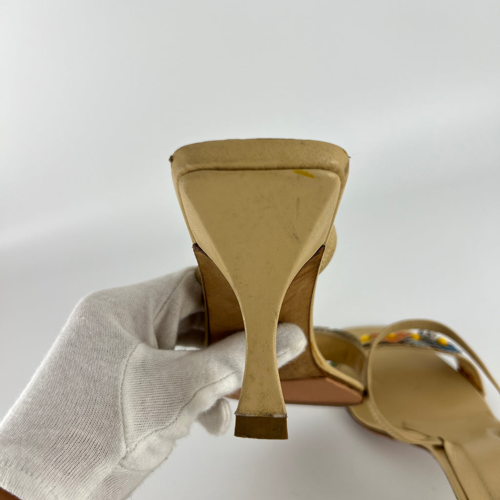 Fendi | Vintage Flower Applique Nude Leather Strappy Slide Mules (38)