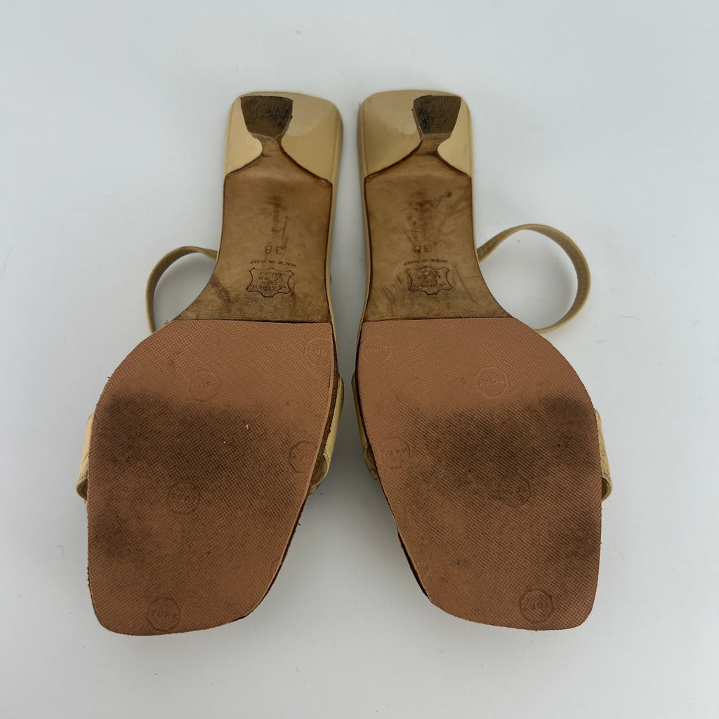 Fendi | Vintage Flower Applique Nude Leather Strappy Slide Mules (38)