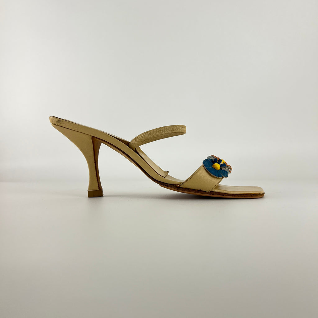 Fendi | Vintage Flower Applique Nude Leather Strappy Slide Mules (38)