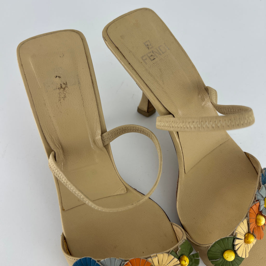 Fendi | Vintage Flower Applique Nude Leather Strappy Slide Mules (38)
