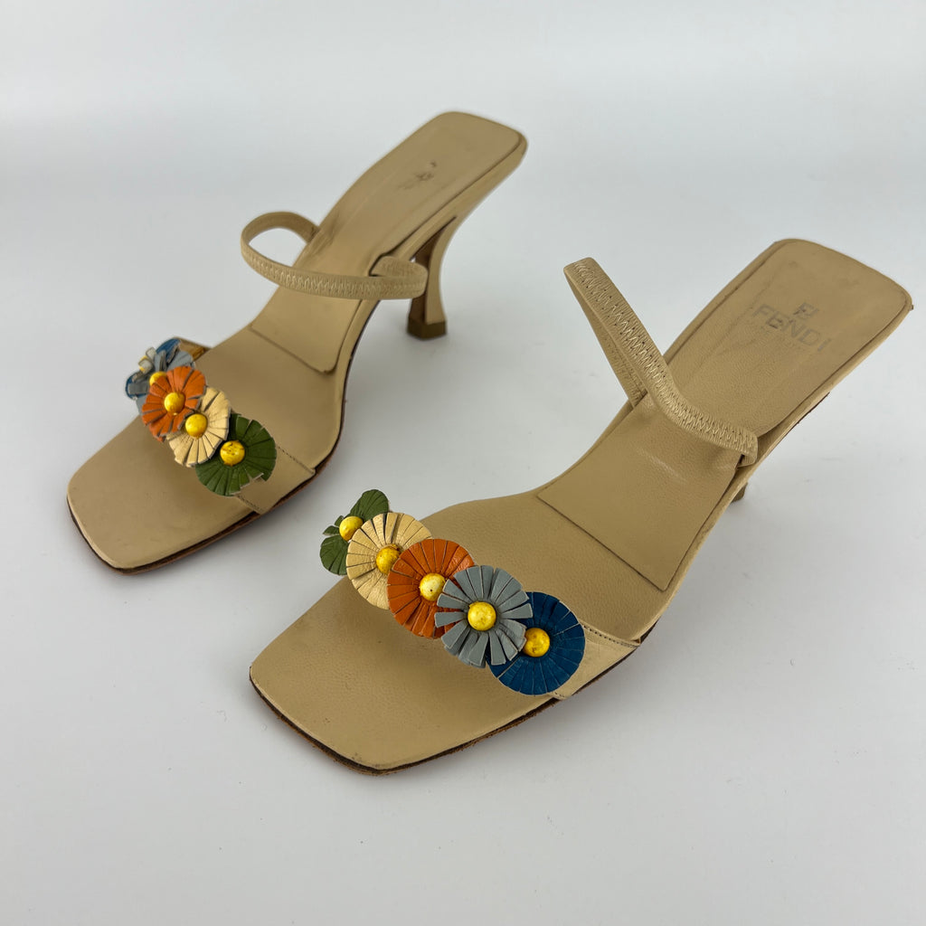 Fendi | Vintage Flower Applique Nude Leather Strappy Slide Mules (38)