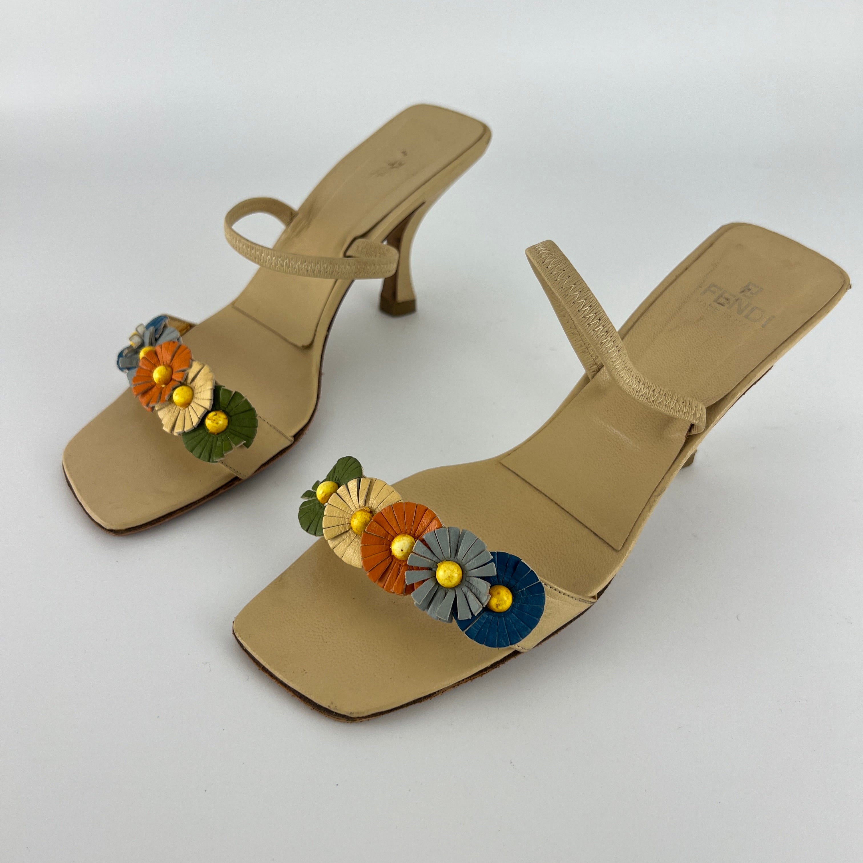 Fendi | Vintage Flower Applique Nude Leather Strappy Slide Mules (38)