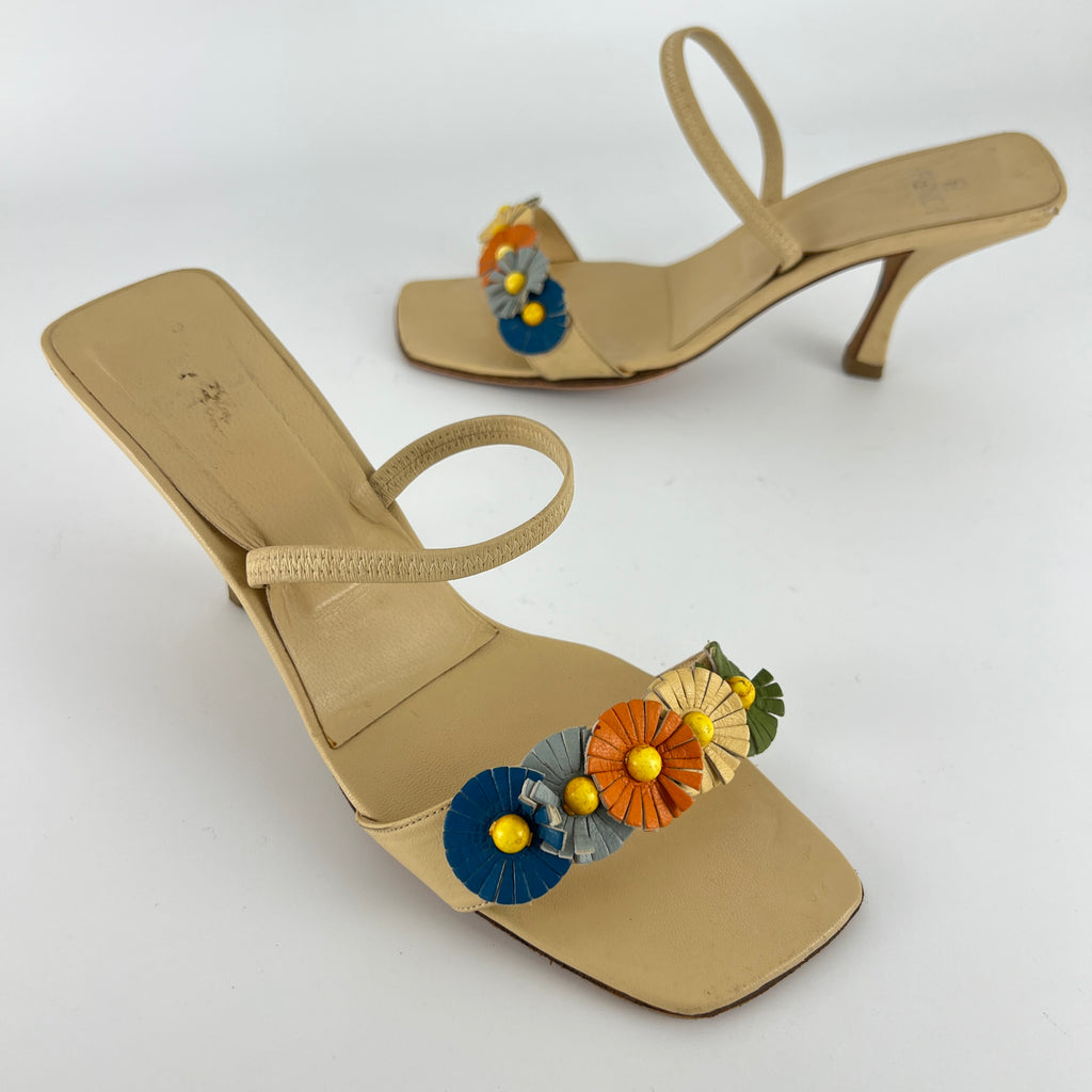 Fendi | Vintage Flower Applique Nude Leather Strappy Slide Mules (38)