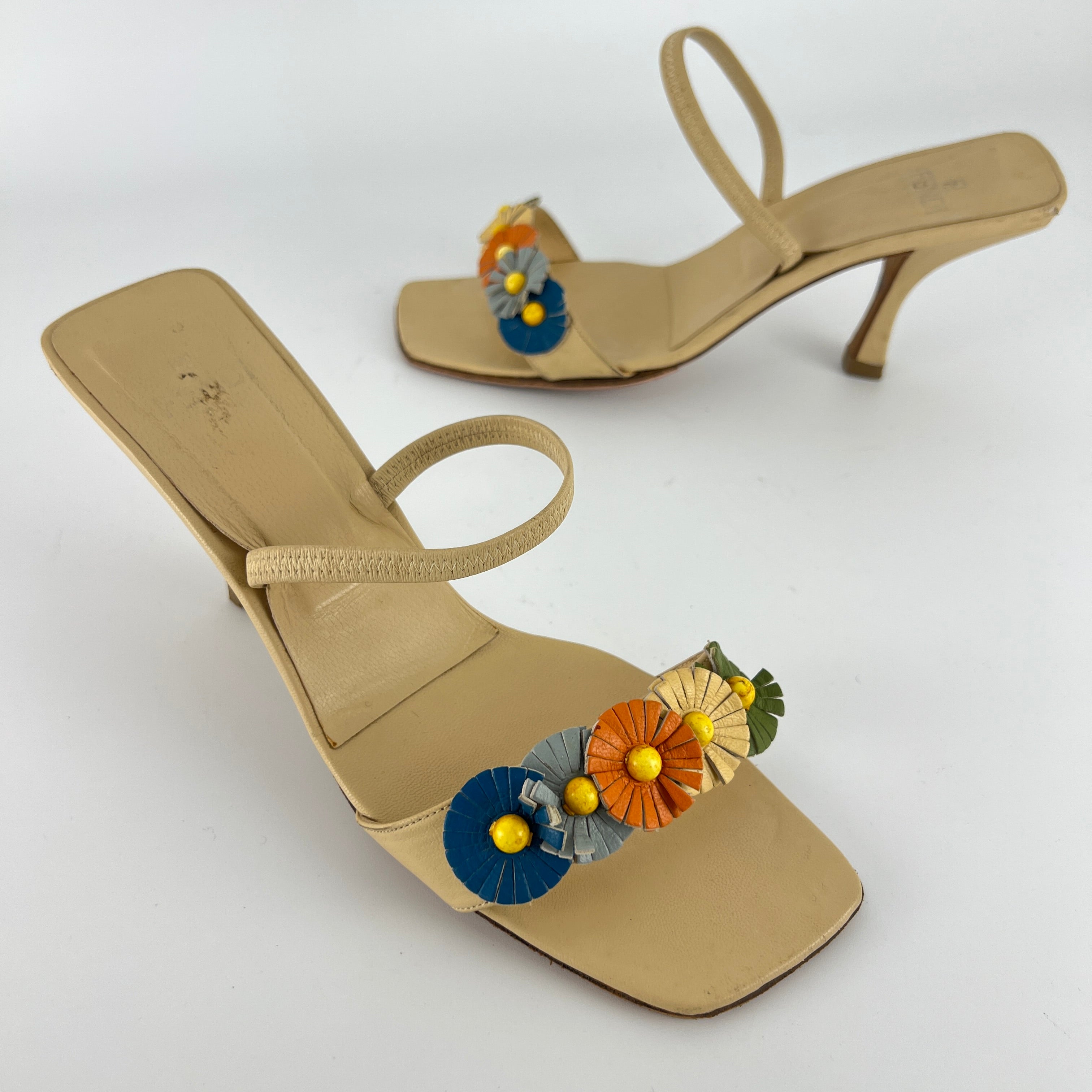 Fendi | Vintage Flower Applique Nude Leather Strappy Slide Mules (38)