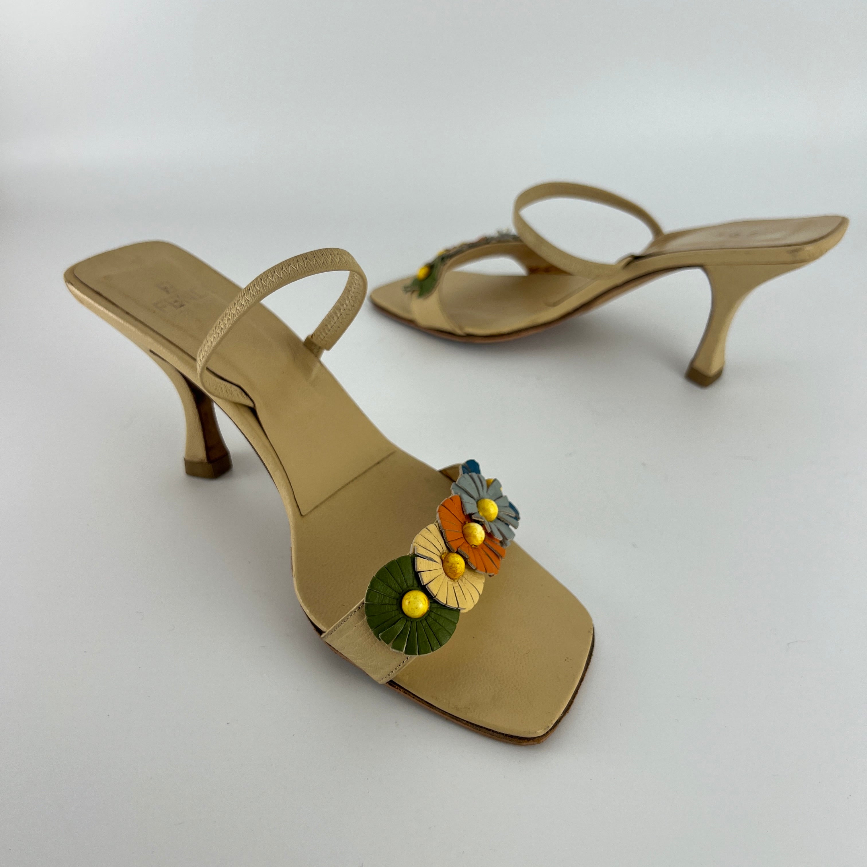 Fendi | Vintage Flower Applique Nude Leather Strappy Slide Mules (38)