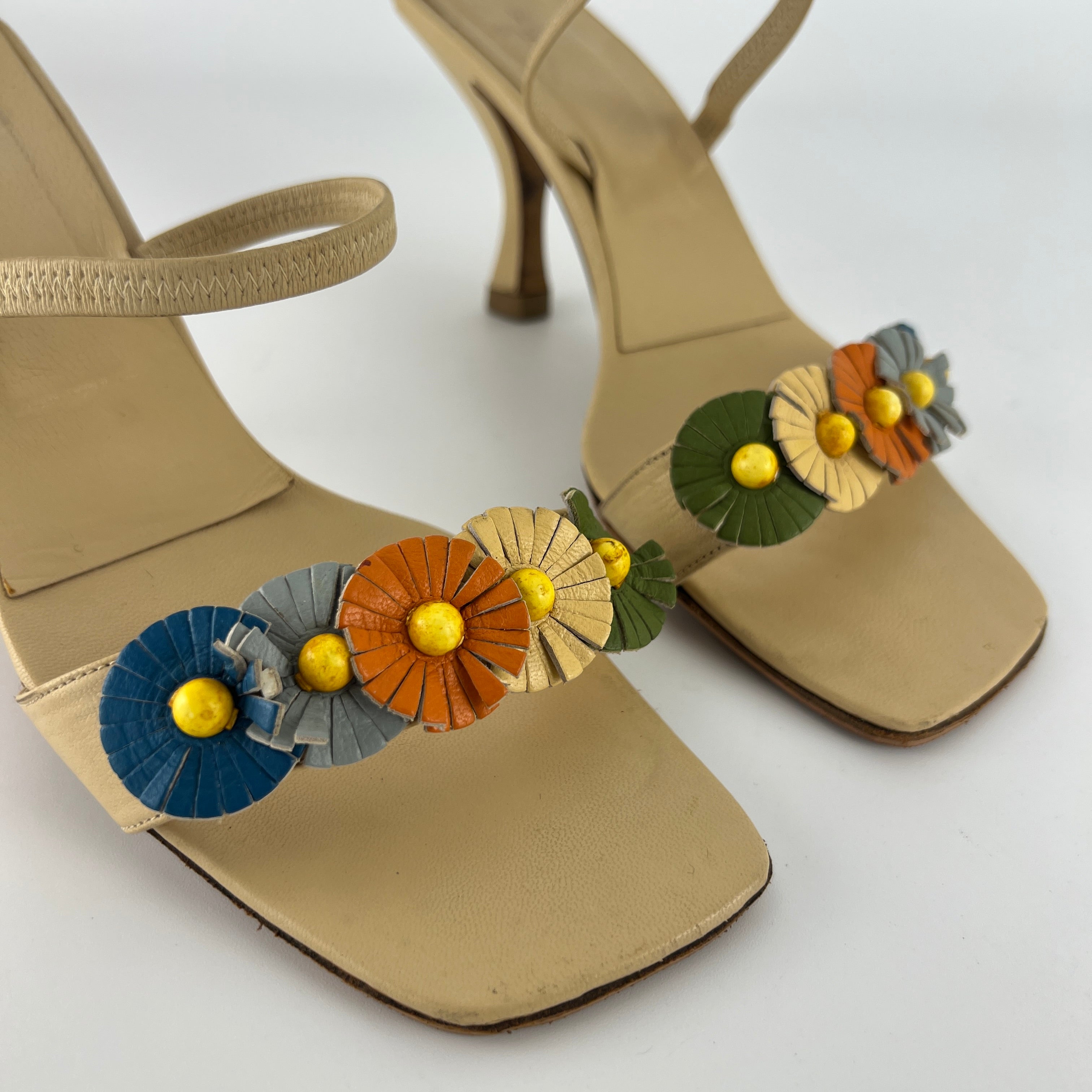 Fendi | Vintage Flower Applique Nude Leather Strappy Slide Mules (38)