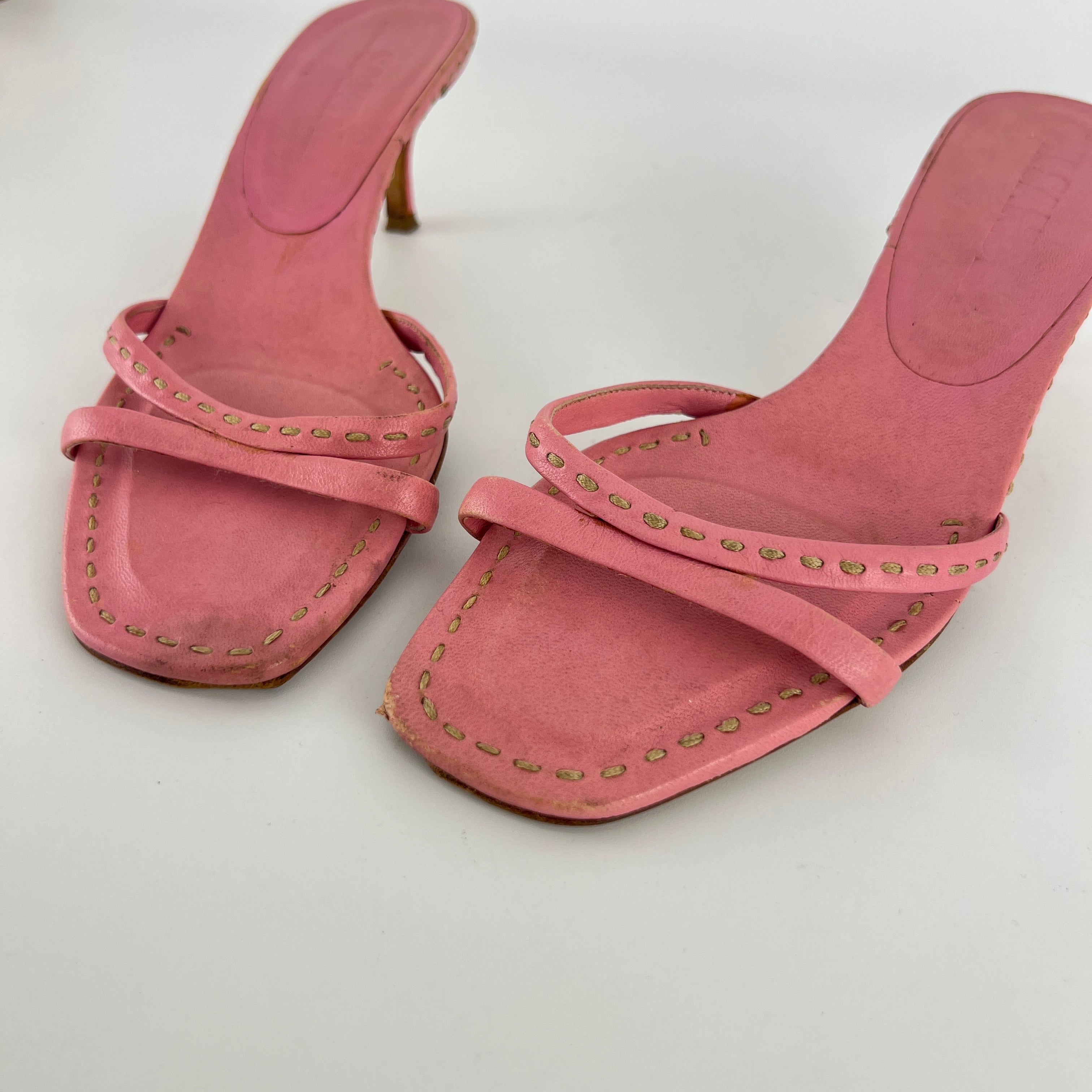 Jil Sander | Pink Leather Top Stitch Strappy Slide Mules (37)