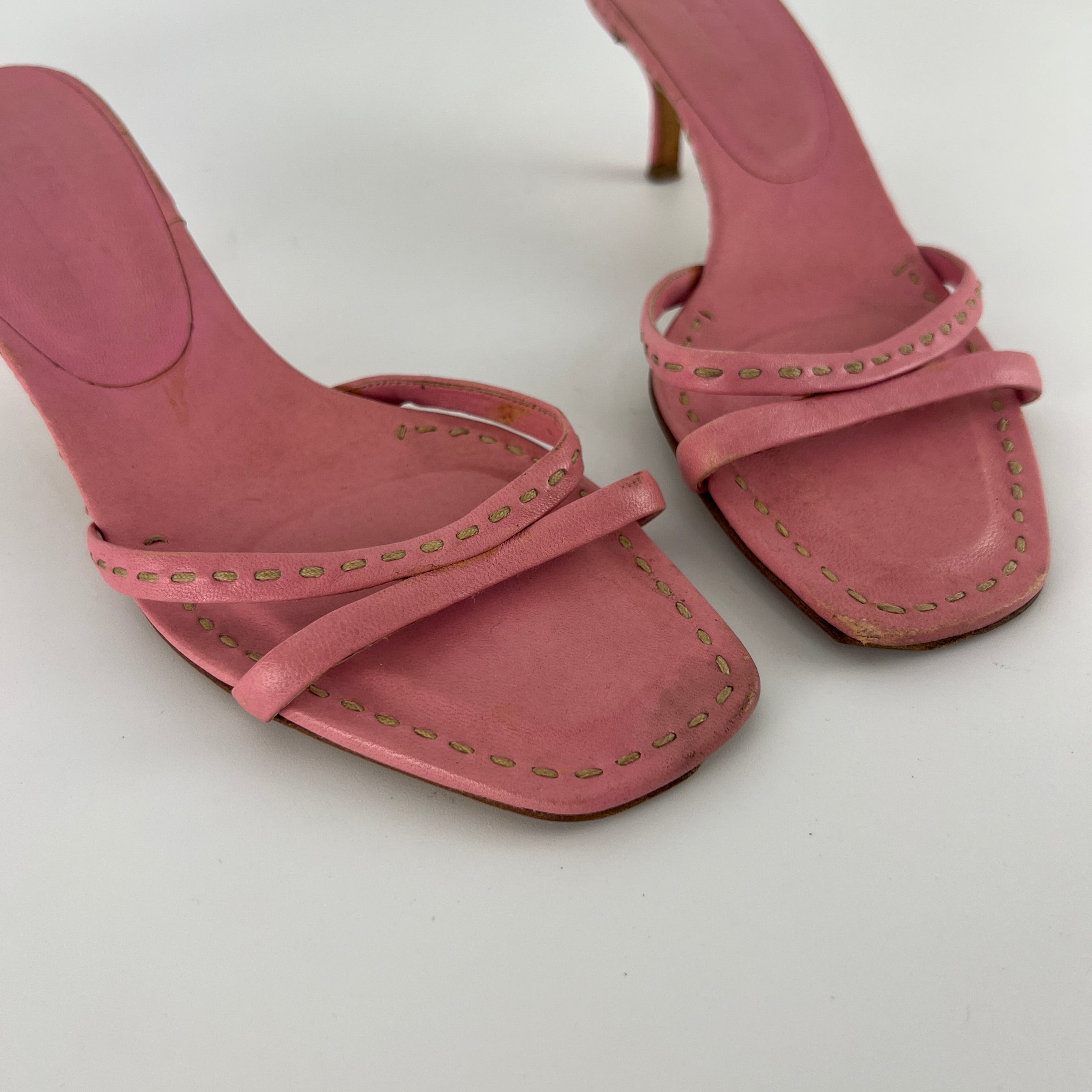 Jil Sander | Pink Leather Top Stitch Strappy Slide Mules (37)