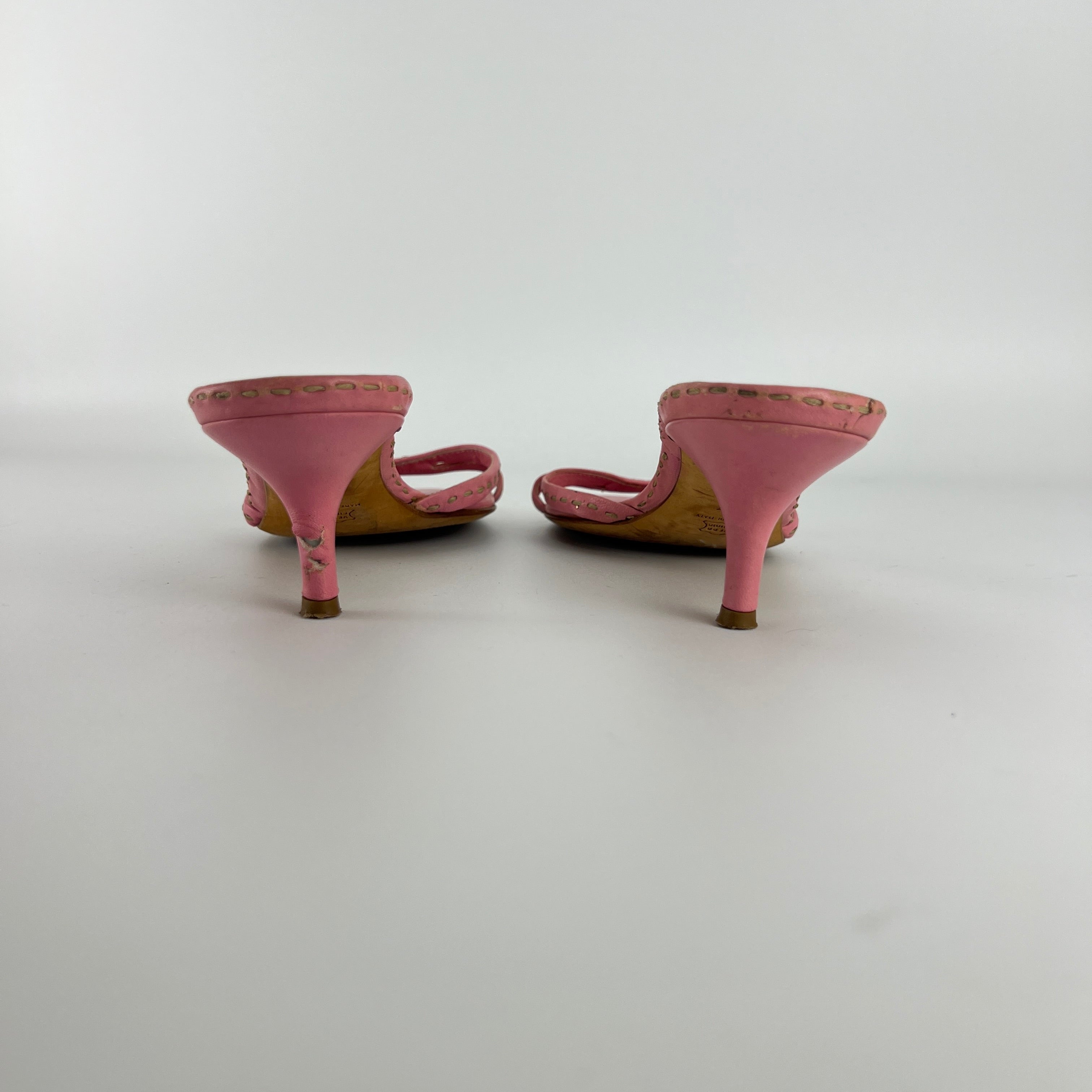 Jil Sander | Pink Leather Top Stitch Strappy Slide Mules (37)