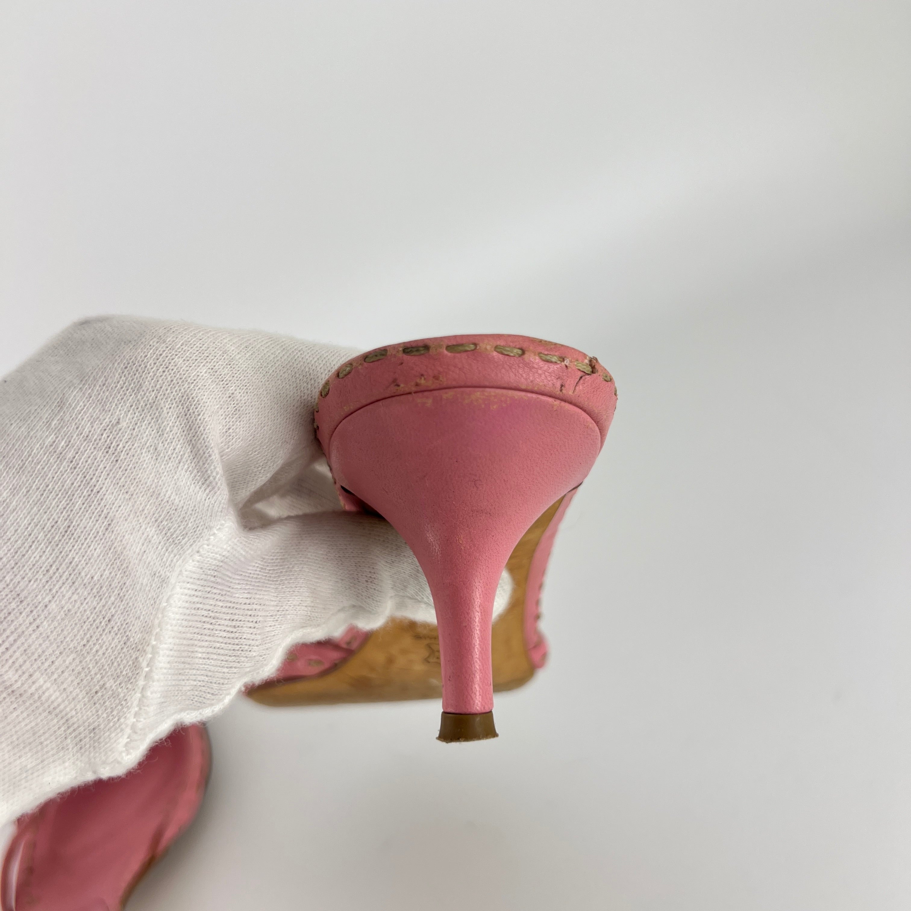 Jil Sander | Pink Leather Top Stitch Strappy Slide Mules (37)