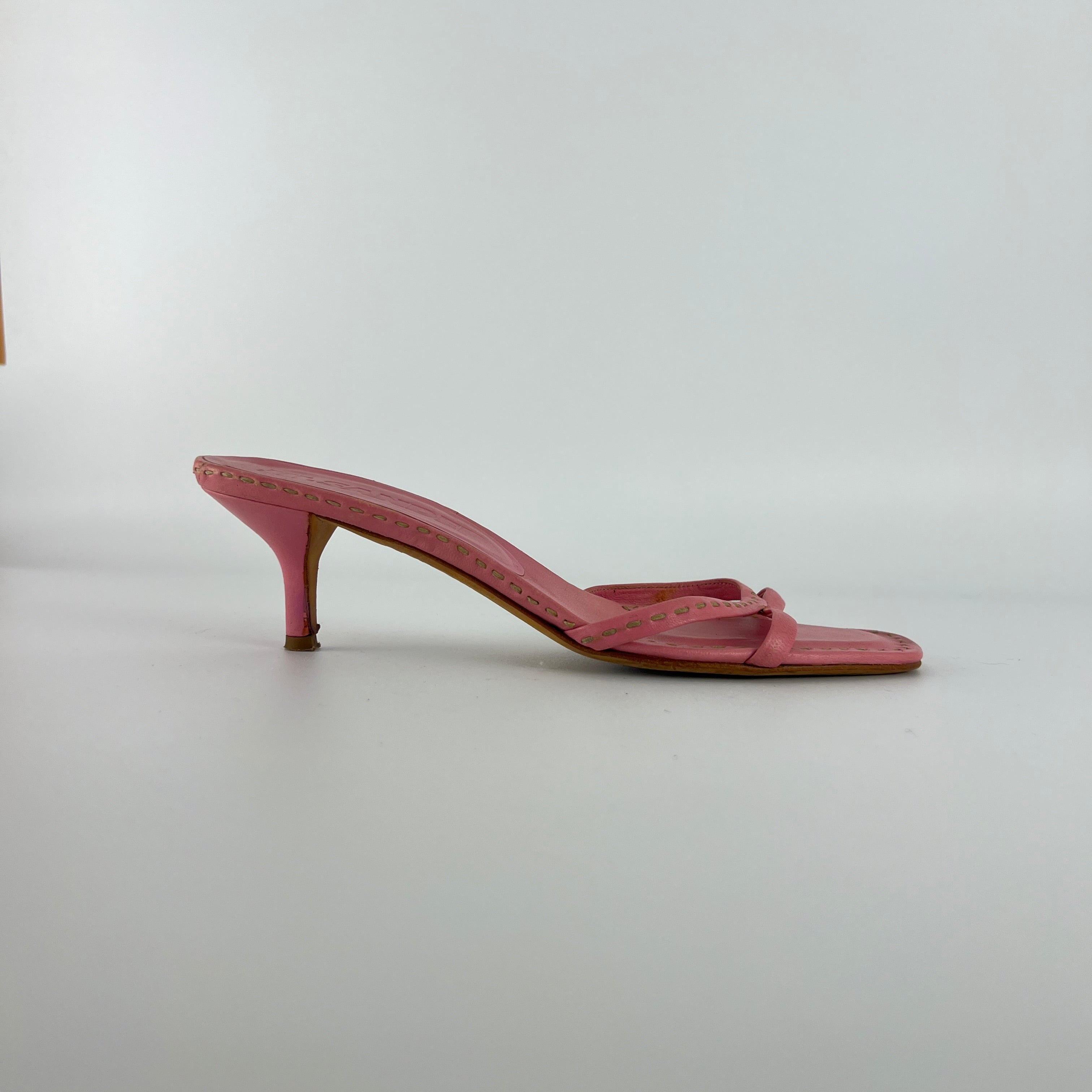 Jil Sander | Pink Leather Top Stitch Strappy Slide Mules (37)