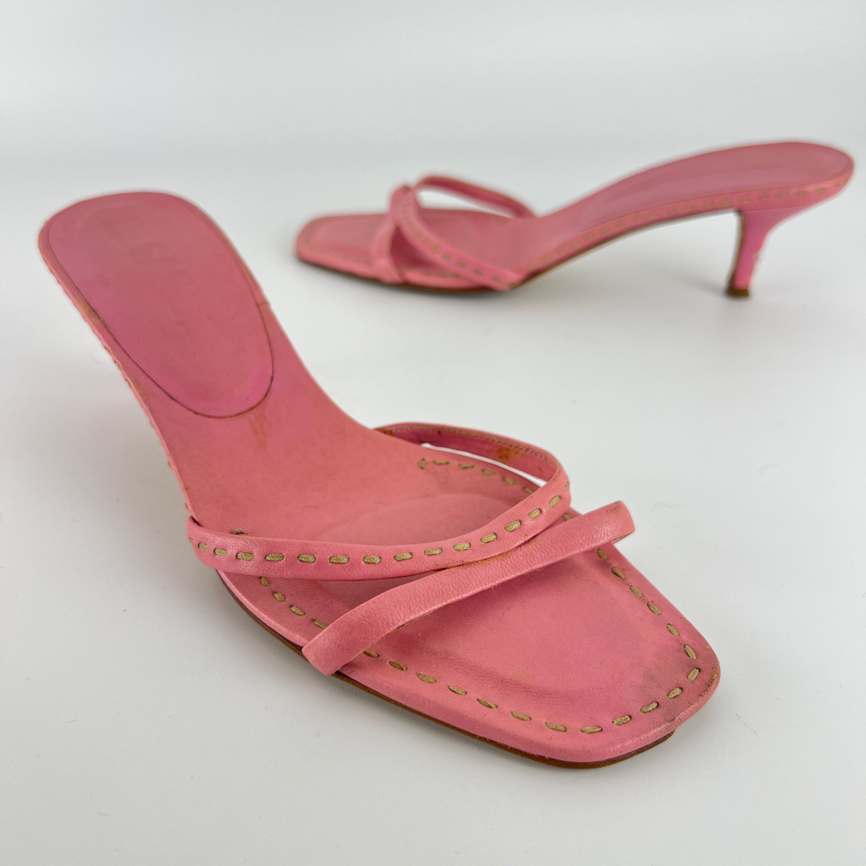 Jil Sander | Pink Leather Top Stitch Strappy Slide Mules (37)