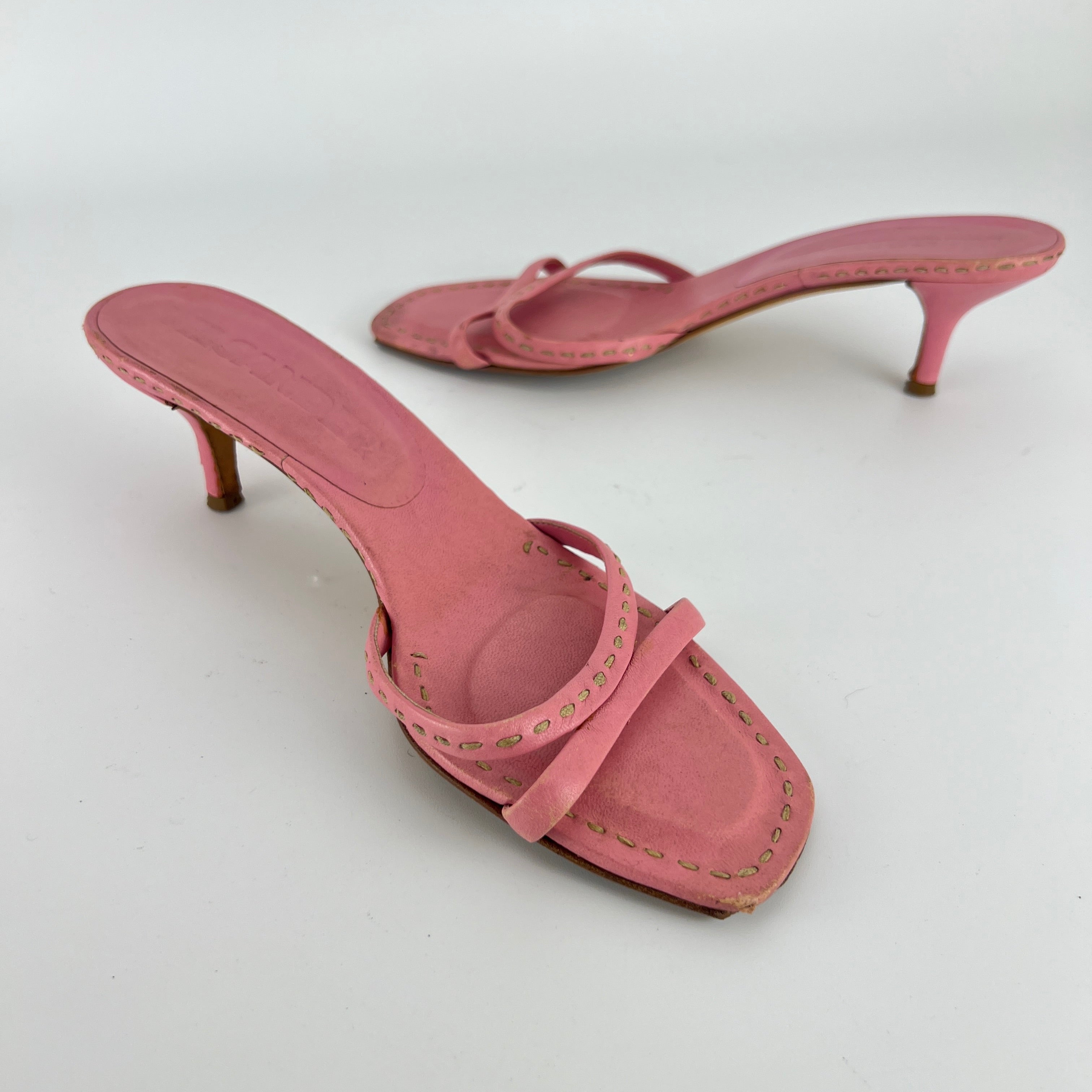 Jil Sander | Pink Leather Top Stitch Strappy Slide Mules (37)