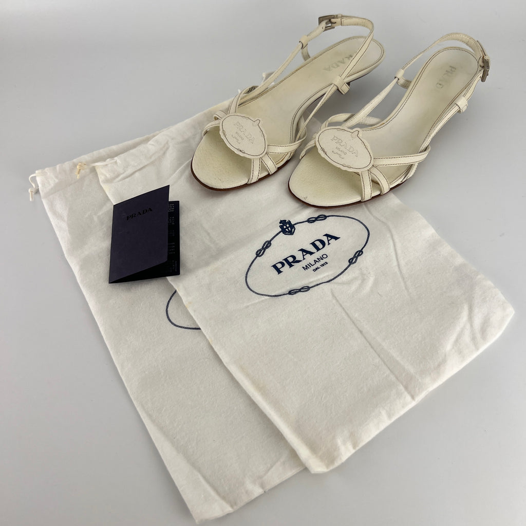 Prada | Vintage White Leather Logo Plate Kitten Heel Sandals (37.5)