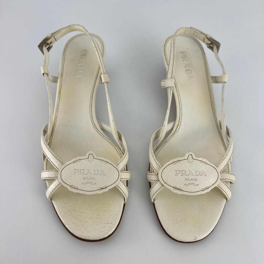 Prada | Vintage White Leather Logo Plate Kitten Heel Sandals (37.5)