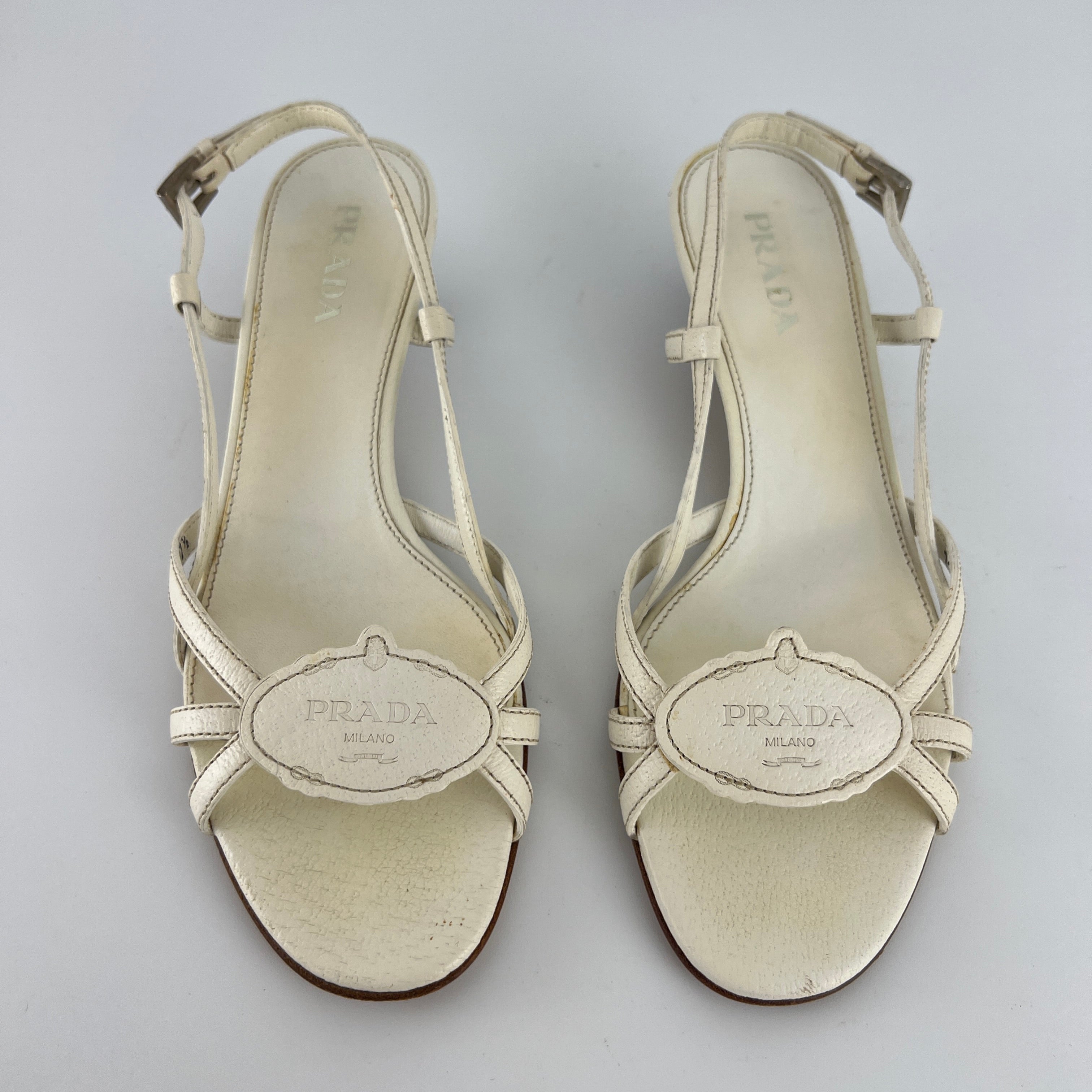 Prada | Vintage White Leather Logo Plate Kitten Heel Sandals (37.5)