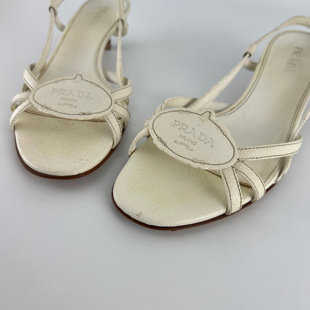 Prada | Vintage White Leather Logo Plate Kitten Heel Sandals (37.5)
