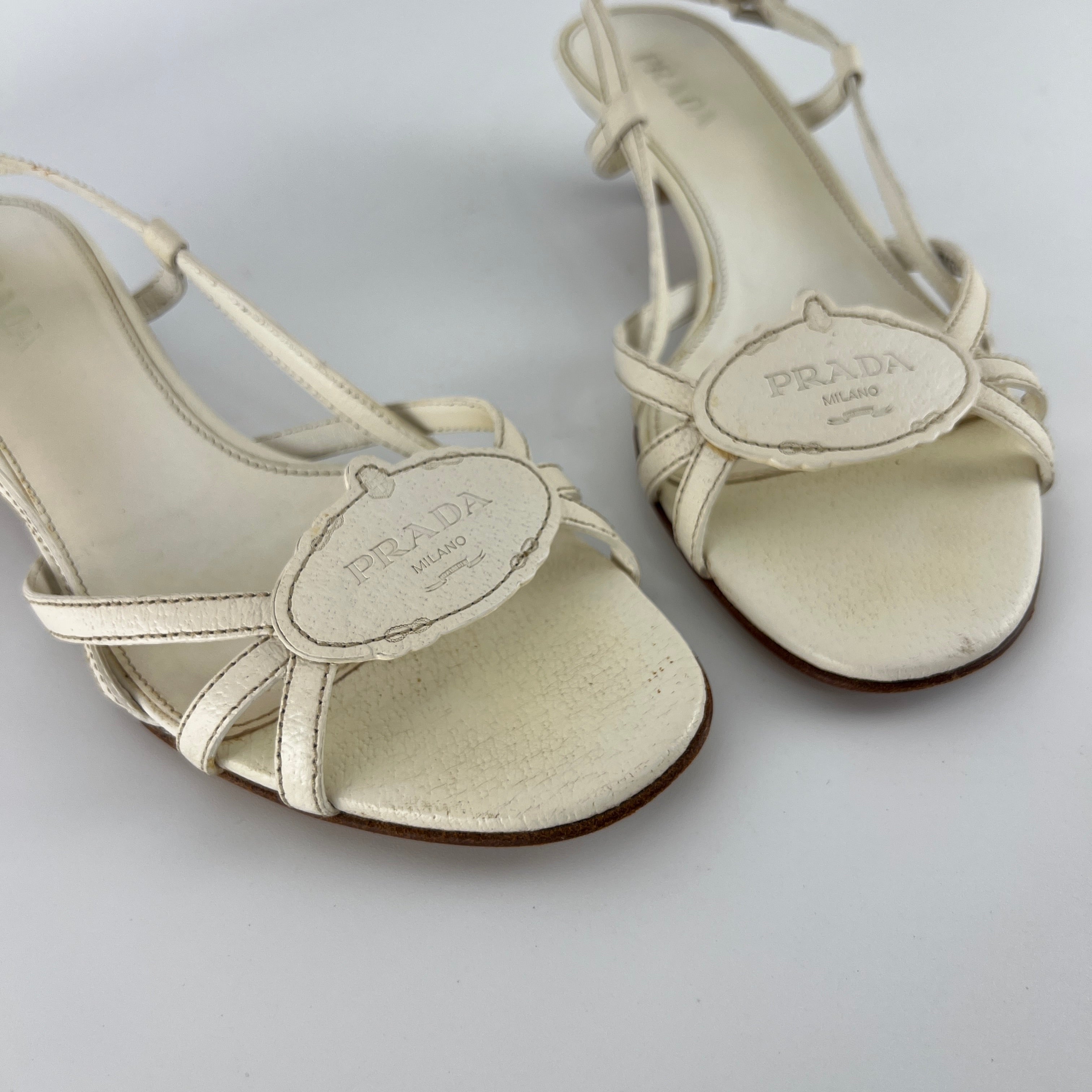 Prada | Vintage White Leather Logo Plate Kitten Heel Sandals (37.5)