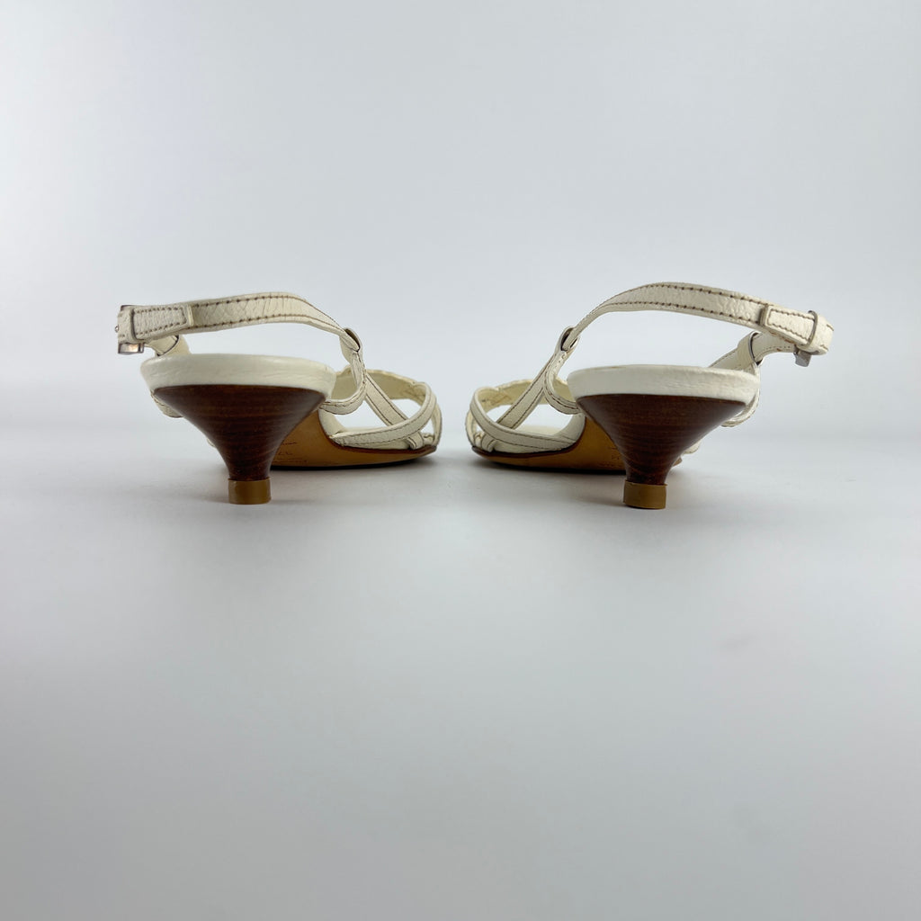 Prada | Vintage White Leather Logo Plate Kitten Heel Sandals (37.5)