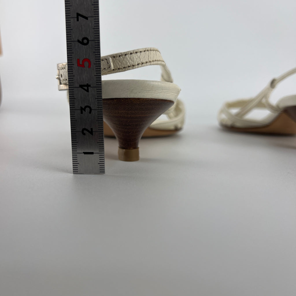 Prada | Vintage White Leather Logo Plate Kitten Heel Sandals (37.5)