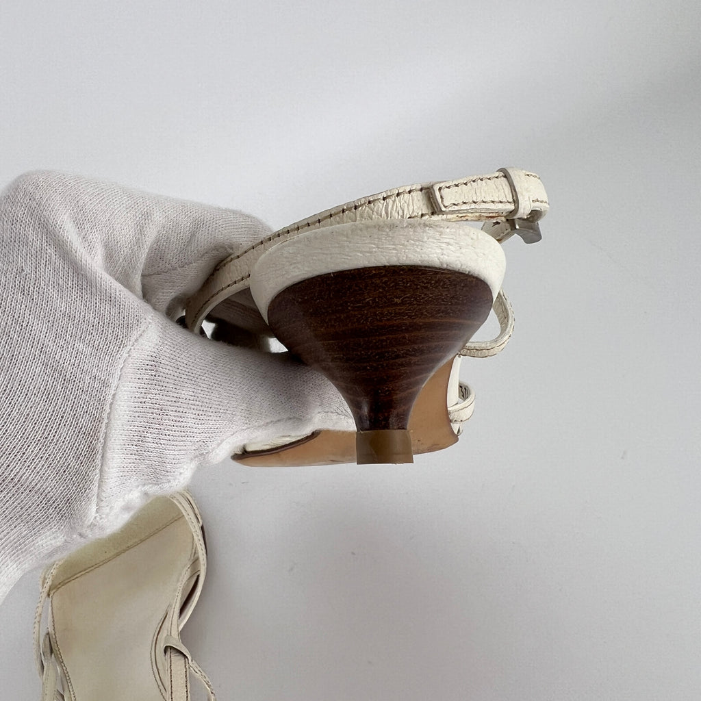 Prada | Vintage White Leather Logo Plate Kitten Heel Sandals (37.5)