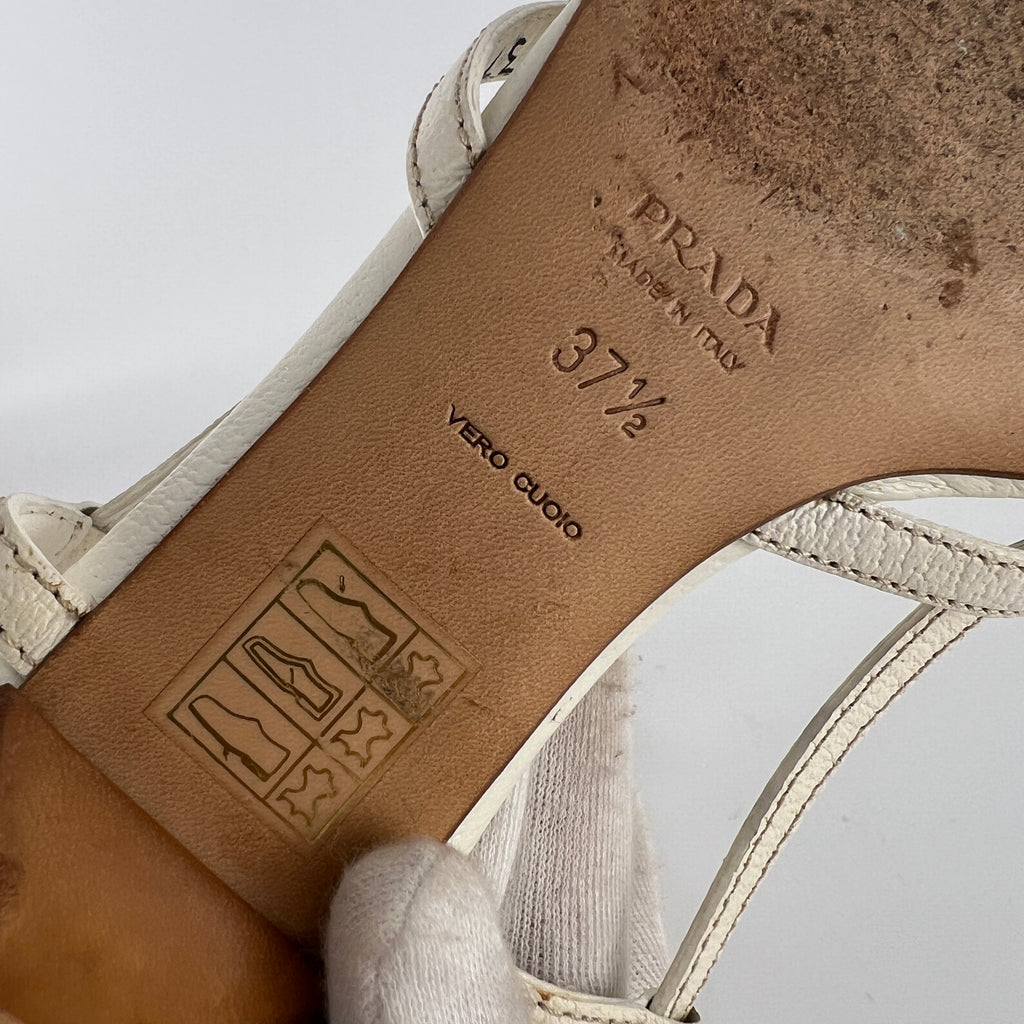 Prada | Vintage White Leather Logo Plate Kitten Heel Sandals (37.5)