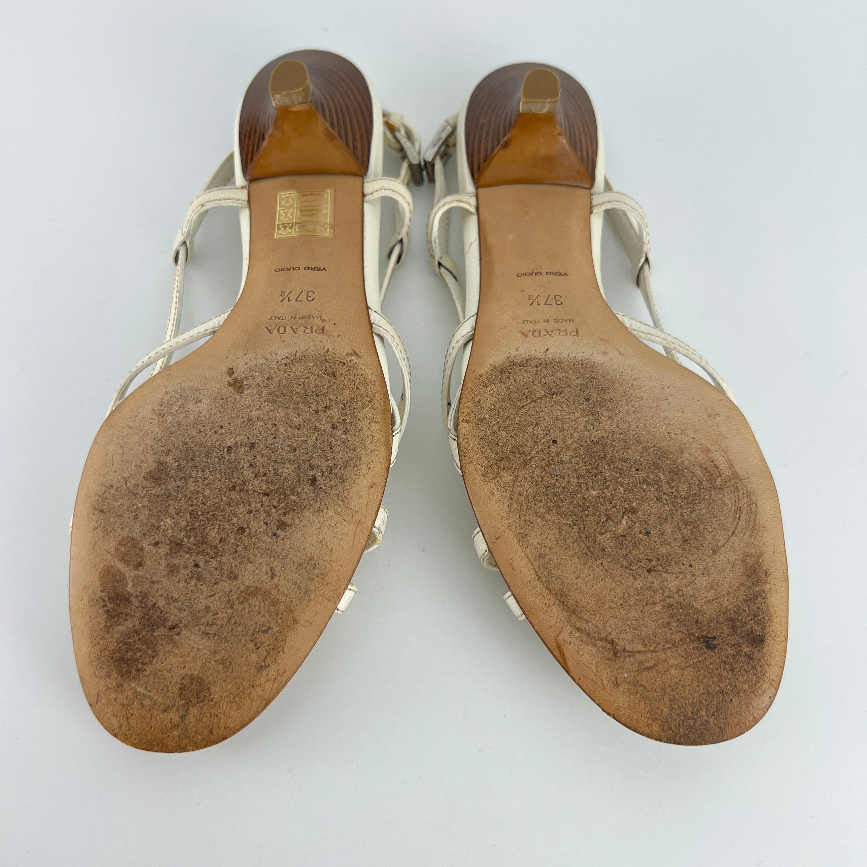 Prada | Vintage White Leather Logo Plate Kitten Heel Sandals (37.5)