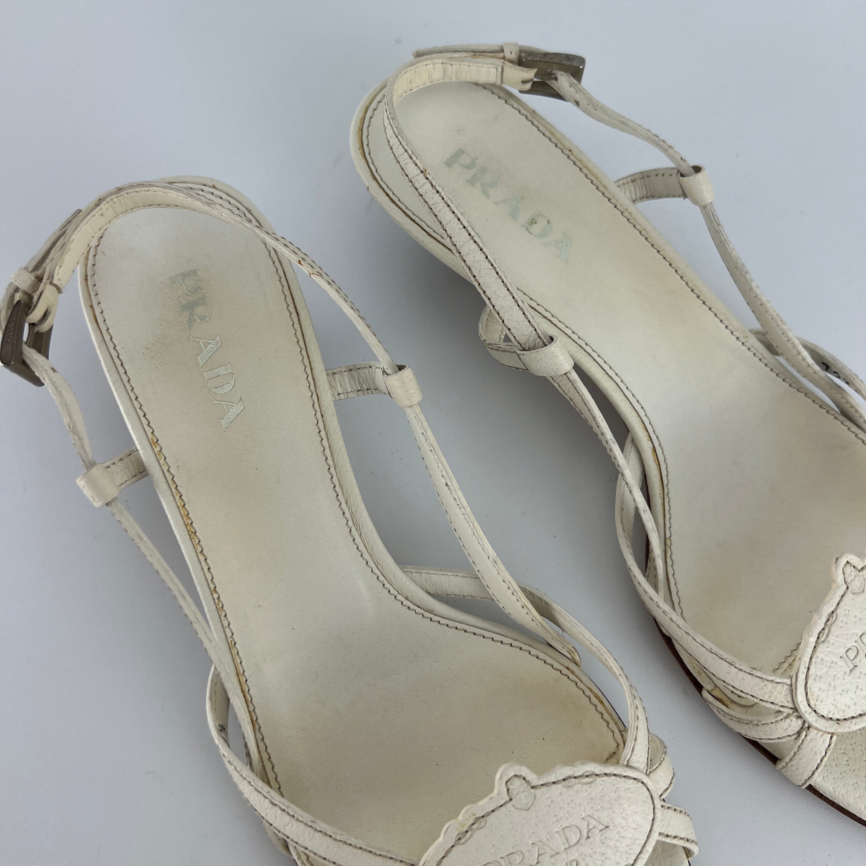 Prada | Vintage White Leather Logo Plate Kitten Heel Sandals (37.5)