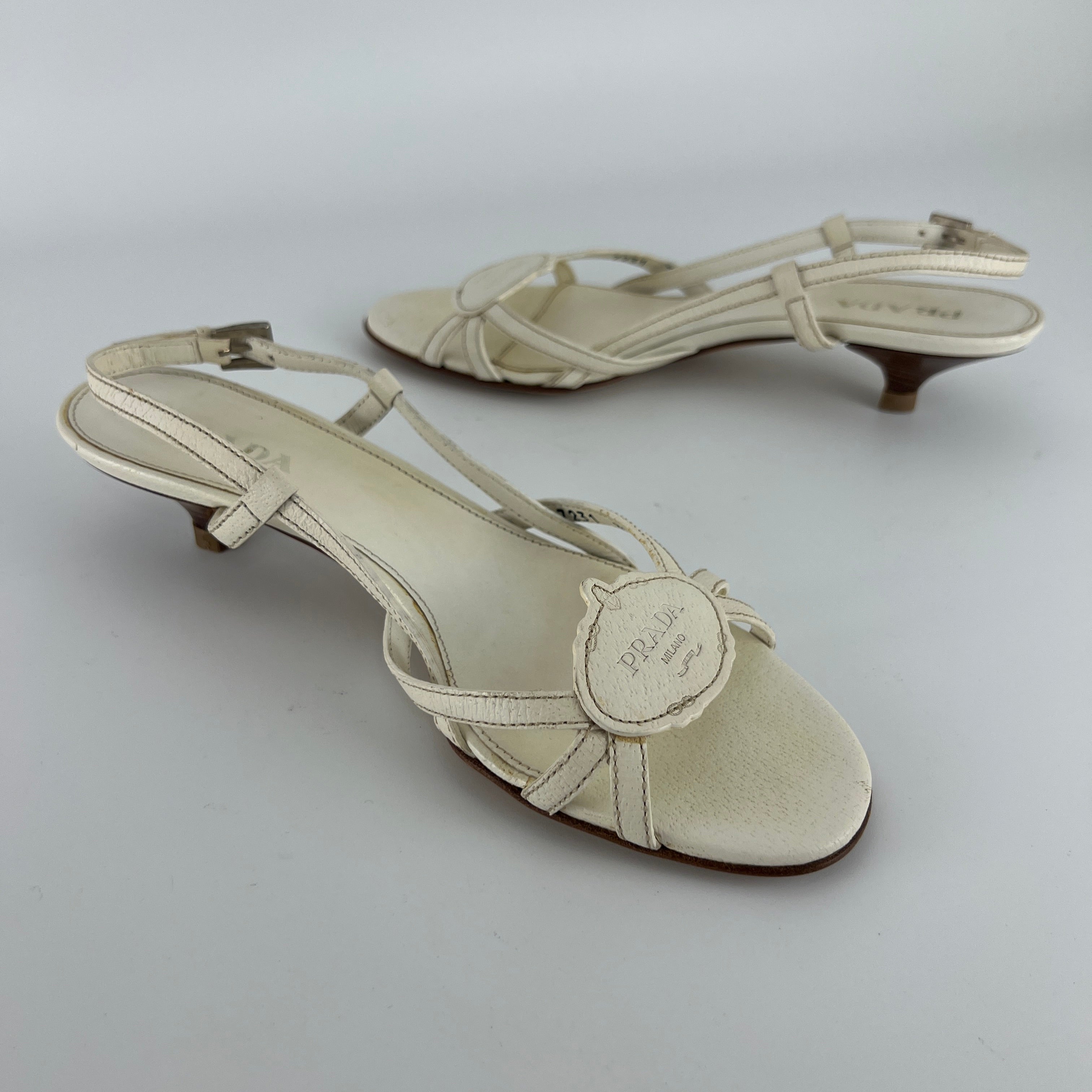 Prada | Vintage White Leather Logo Plate Kitten Heel Sandals (37.5)