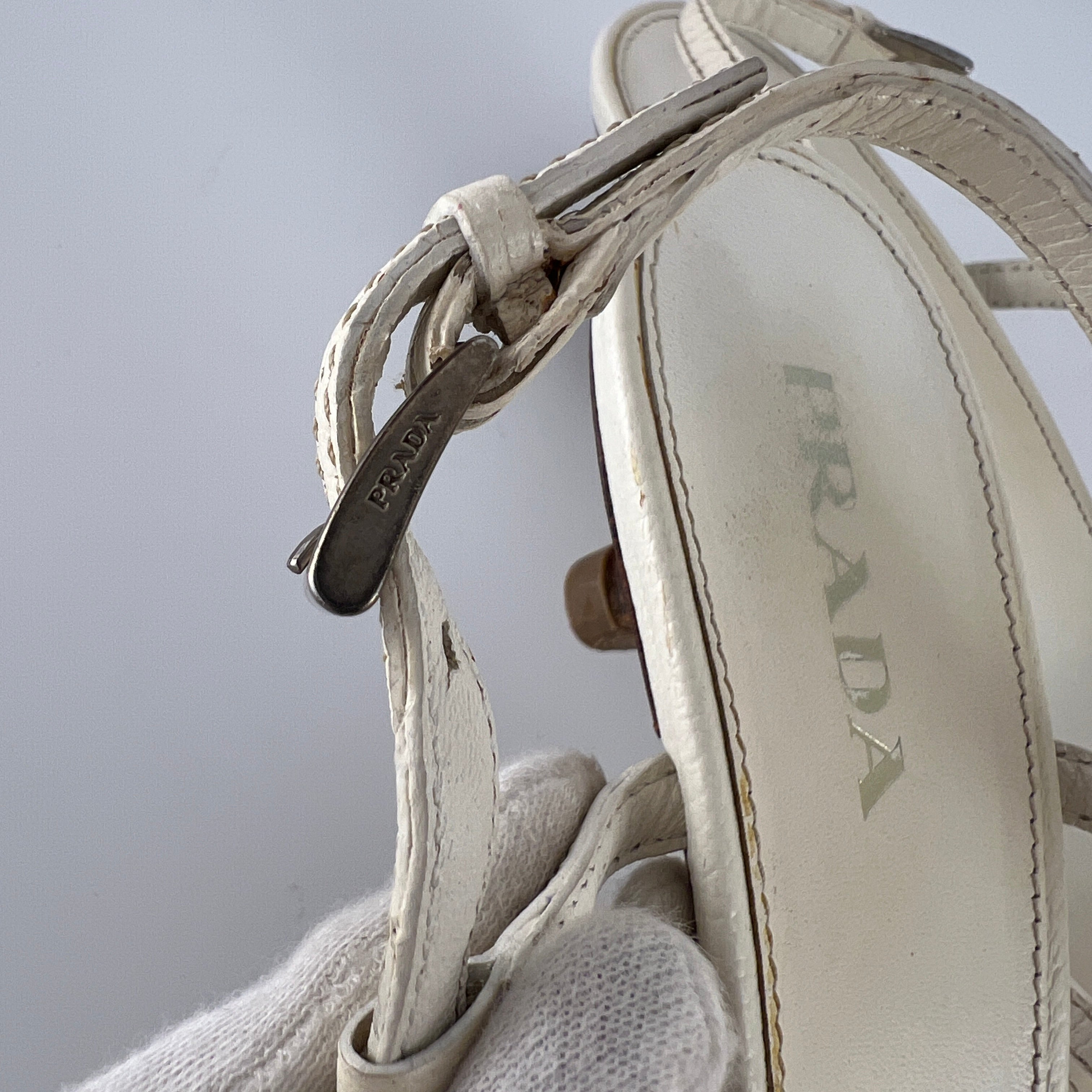 Prada | Vintage White Leather Logo Plate Kitten Heel Sandals (37.5)
