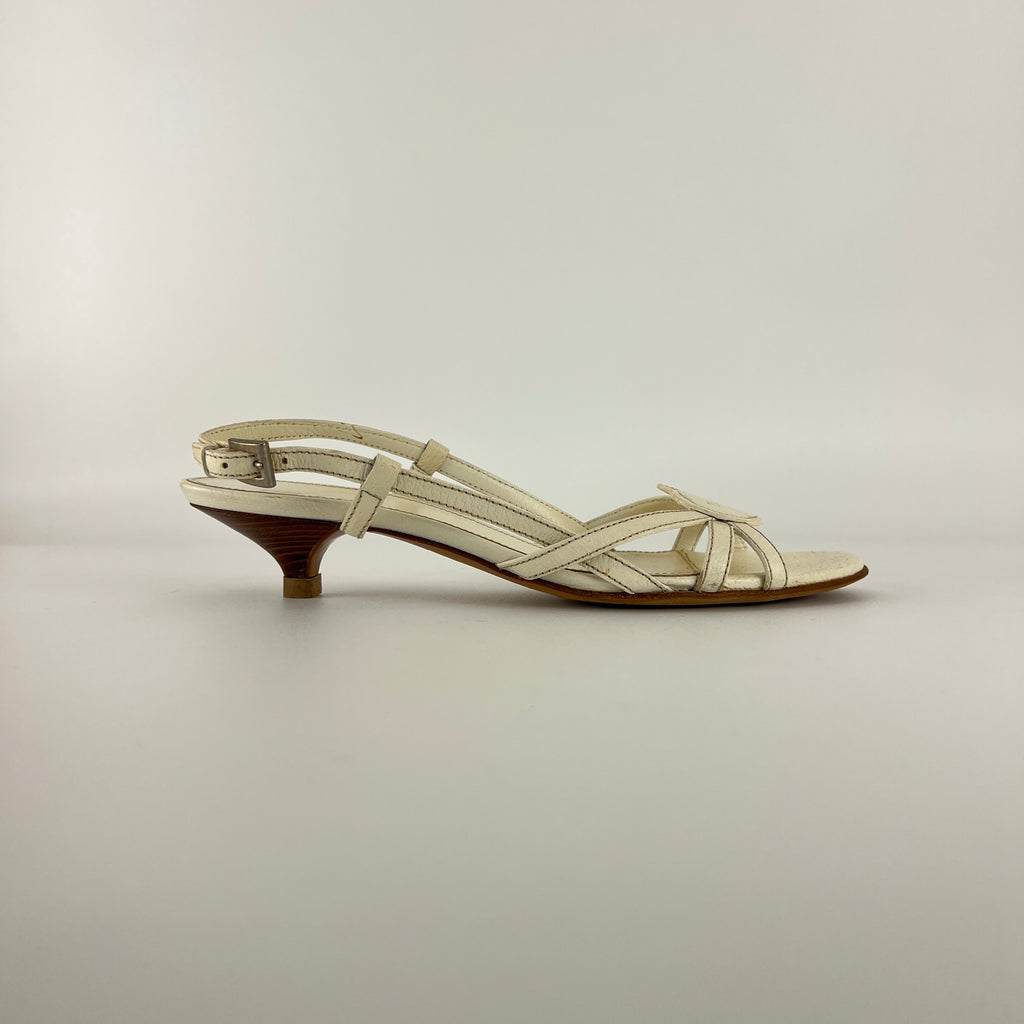 Prada | Vintage White Leather Logo Plate Kitten Heel Sandals (37.5)