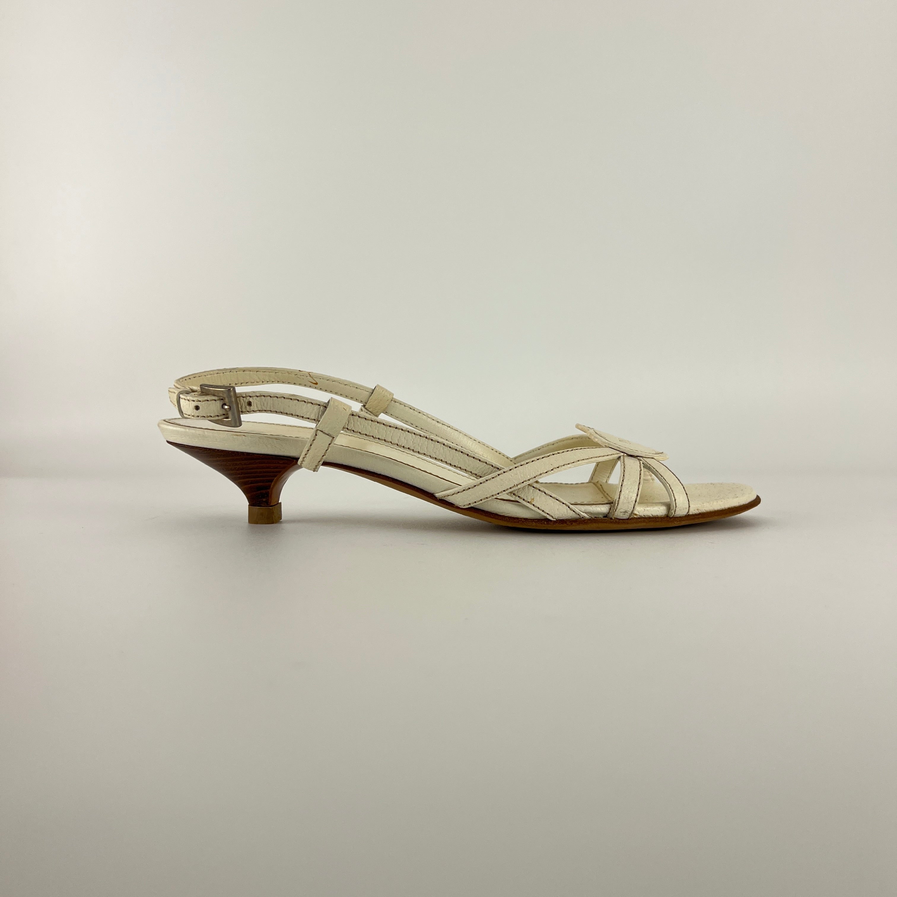Prada | Vintage White Leather Logo Plate Kitten Heel Sandals (37.5)