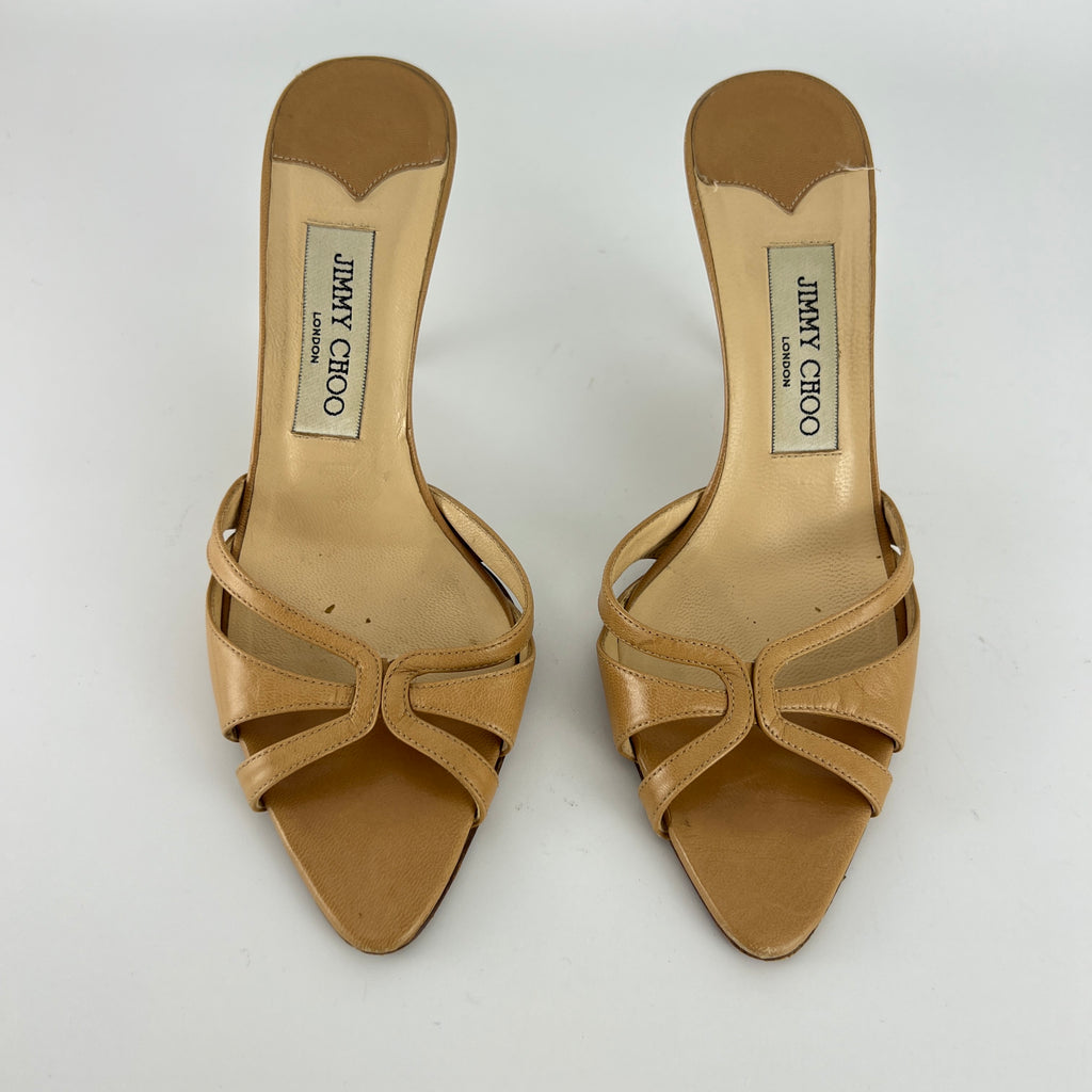 Jimmy Choo | Nude Leather Pointed Toe Strappy Slide Mules (36.5)